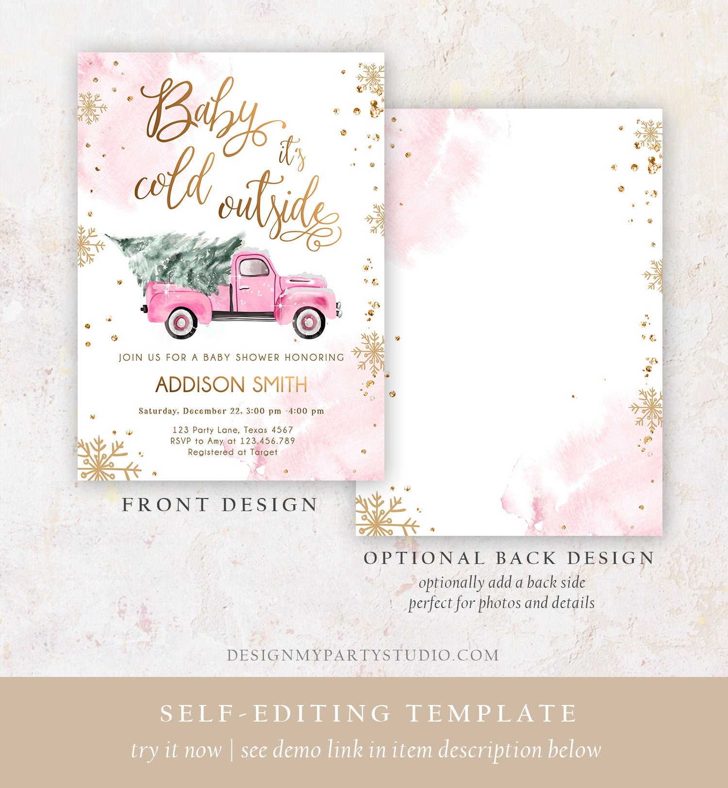 Editable Baby Its Cold Outside Baby Shower Invitation Winter Truck Pink Girl Baby Shower Gold Watercolor Tree Template Download Corjl 0495