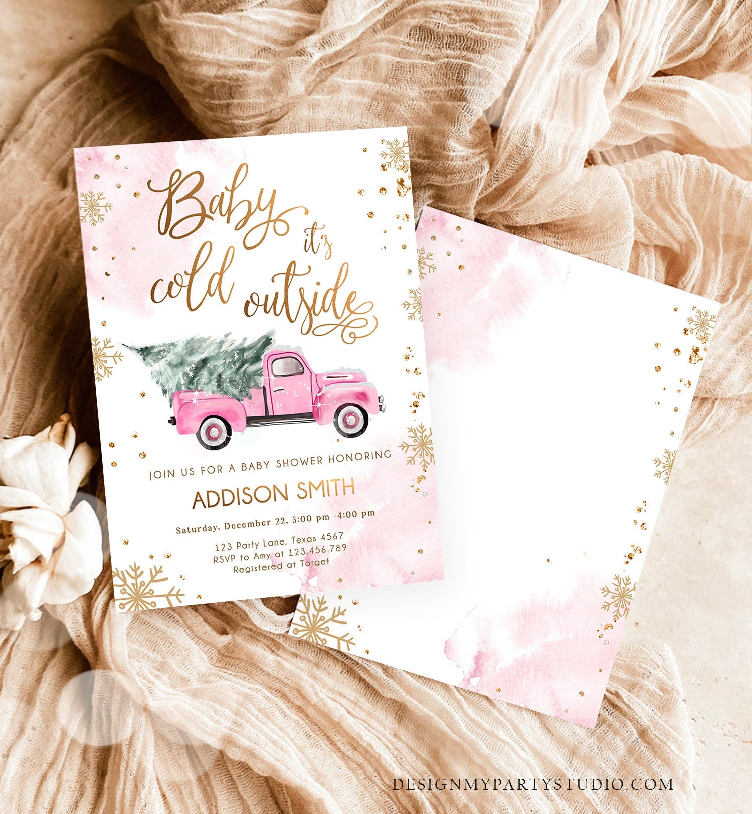 Editable Baby Its Cold Outside Baby Shower Invitation Winter Truck Pink Girl Baby Shower Gold Watercolor Tree Template Download Corjl 0495