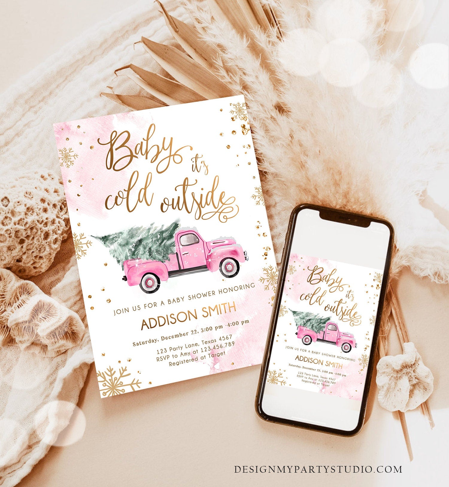 Editable Baby Its Cold Outside Baby Shower Invitation Winter Truck Pink Girl Baby Shower Gold Watercolor Tree Template Download Corjl 0495