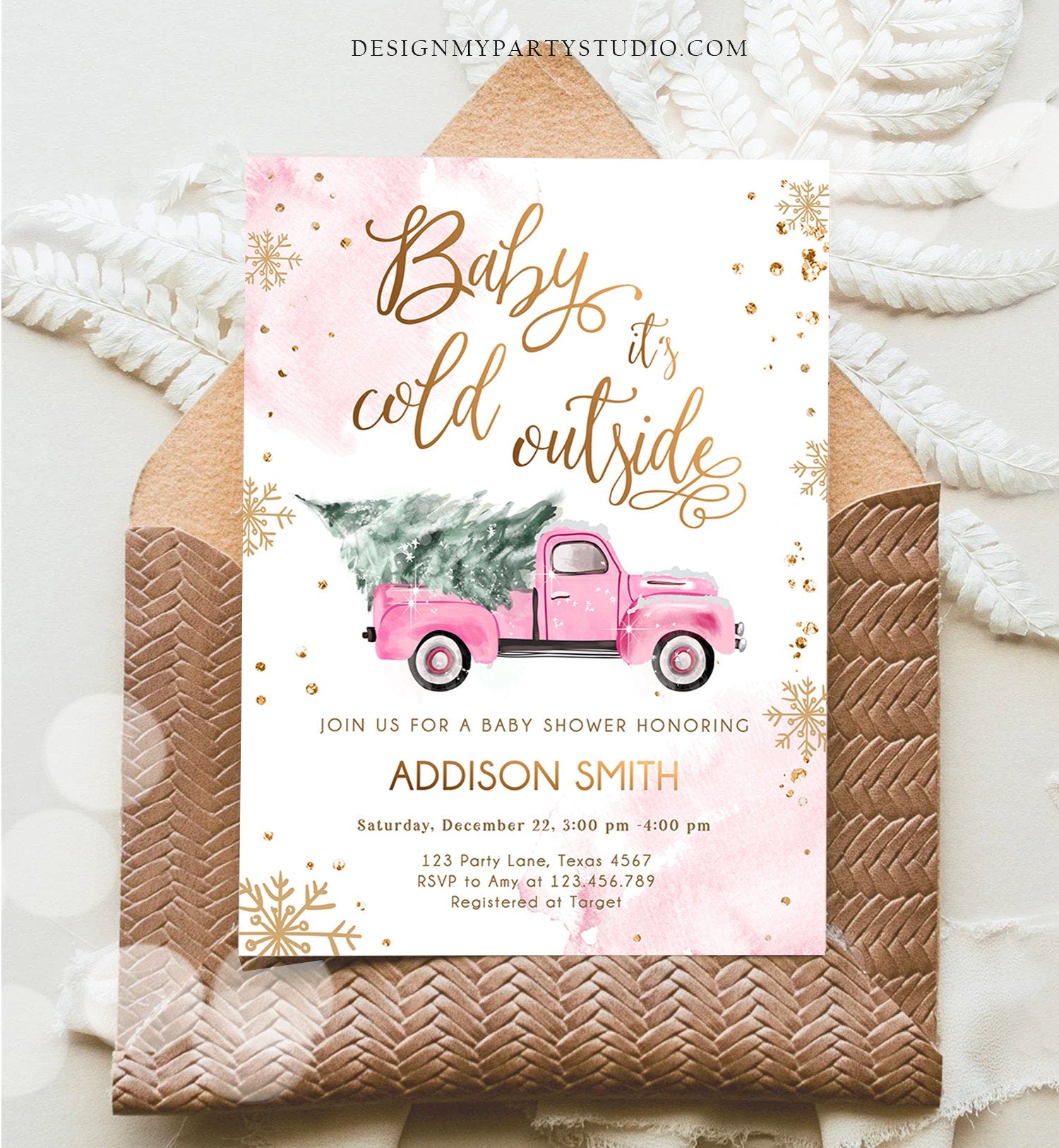 Editable Baby Its Cold Outside Baby Shower Invitation Winter Truck Pink Girl Baby Shower Gold Watercolor Tree Template Download Corjl 0495