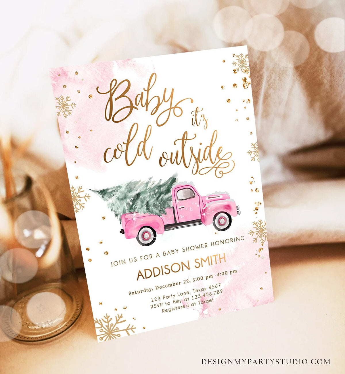 Editable Baby Its Cold Outside Baby Shower Invitation Winter Truck Pink Girl Baby Shower Gold Watercolor Tree Template Download Corjl 0495