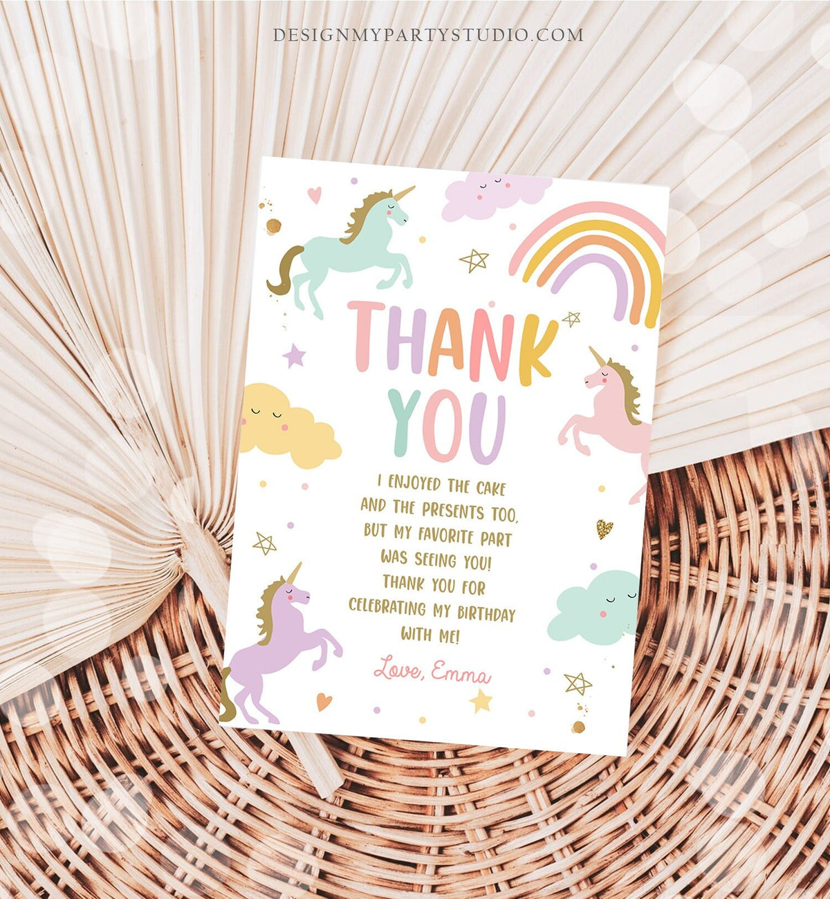 Editable Unicorn Thank You Card Magical Party Birthday Girl Pink Pastel First Digital Unicorn Party Template Rainbow Download Printable 0426