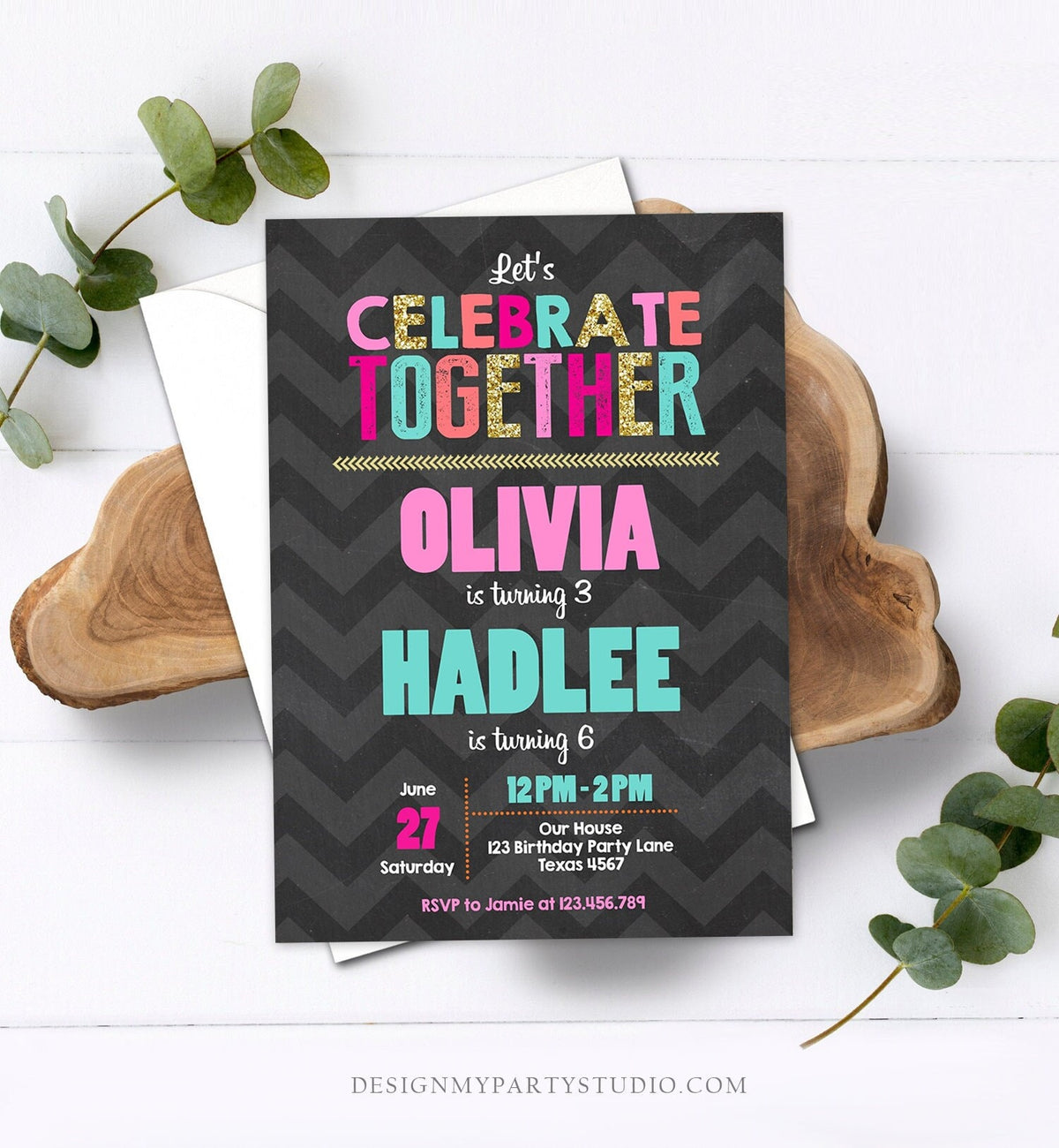 Editable Siblings Birthday Invitation Girls Twins Birthday Party Dual Birthday Party Pink Gold Sisters Printable Invite Template Corjl 0087