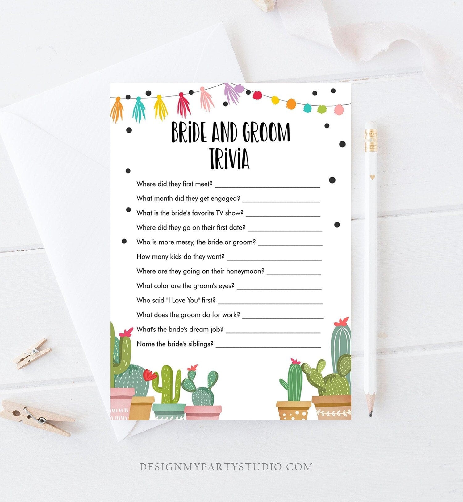 Editable Bride and Groom Trivia Bridal Shower Game Cactus Fiesta Mexican Coed Shower Games Wedding Activity Digital Template Printable 0254