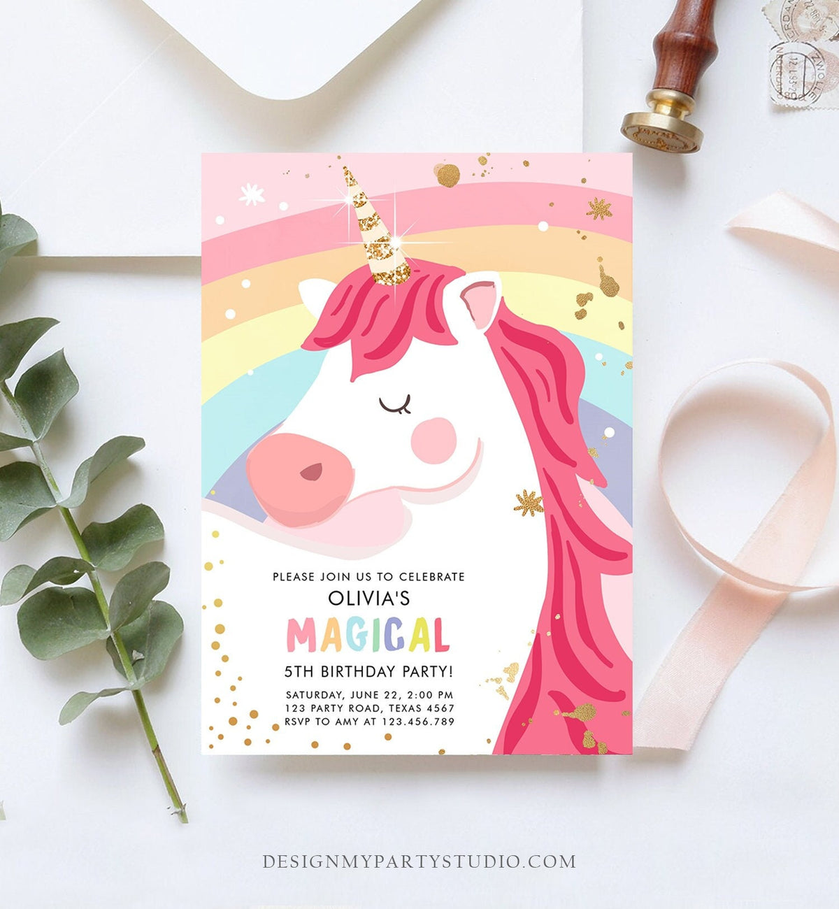 Editable Unicorn Birthday Invitation Unicorn Party Girl Pink Gold Magical Unicorn Invite Rainbow Corjl Template Digital 0323