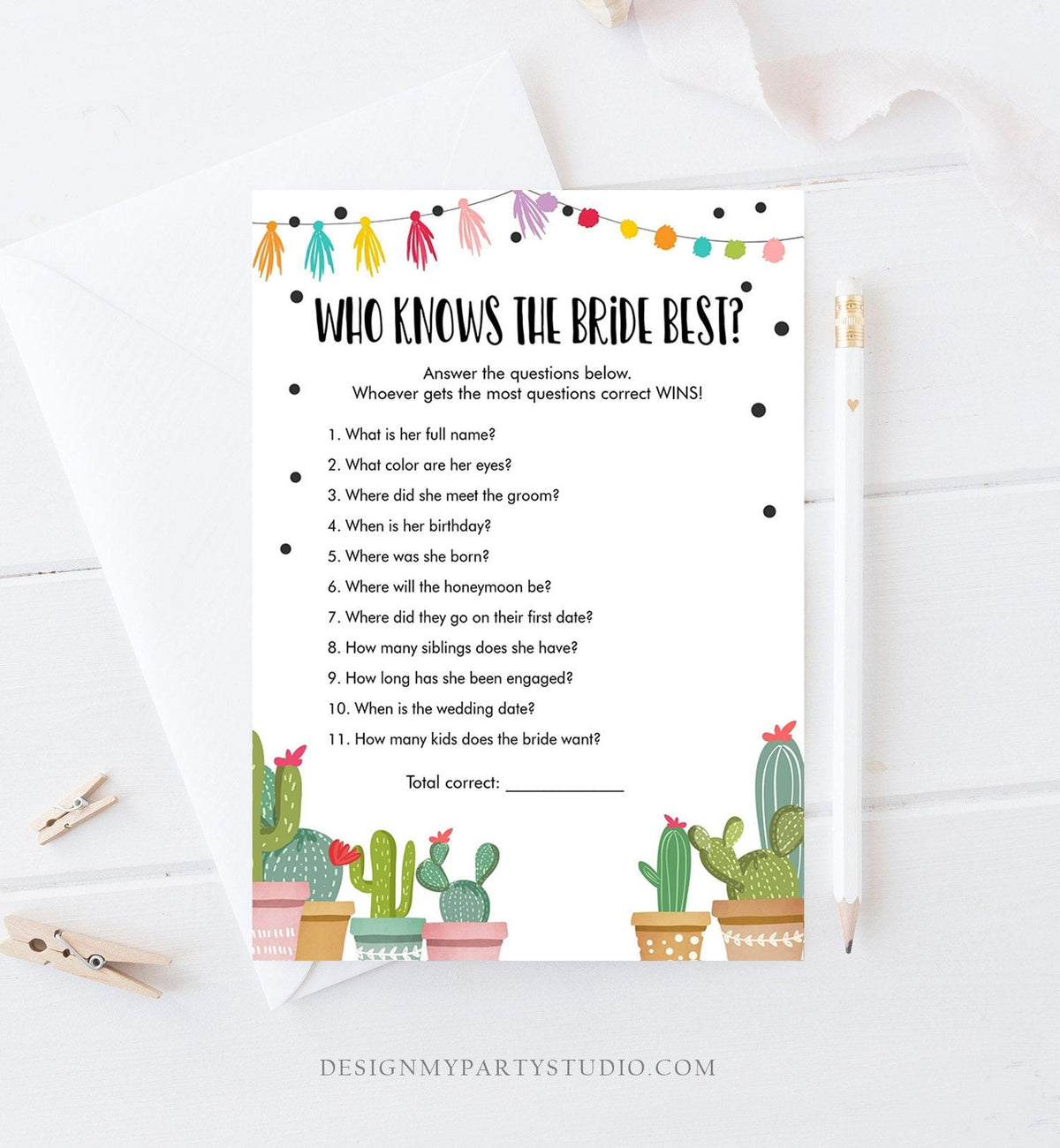 Editable Who Knows the Bride Best Bridal Shower Game Cactus Fiesta Mexican Coed Shower Games Wedding Activity Corjl Template Printable 0254