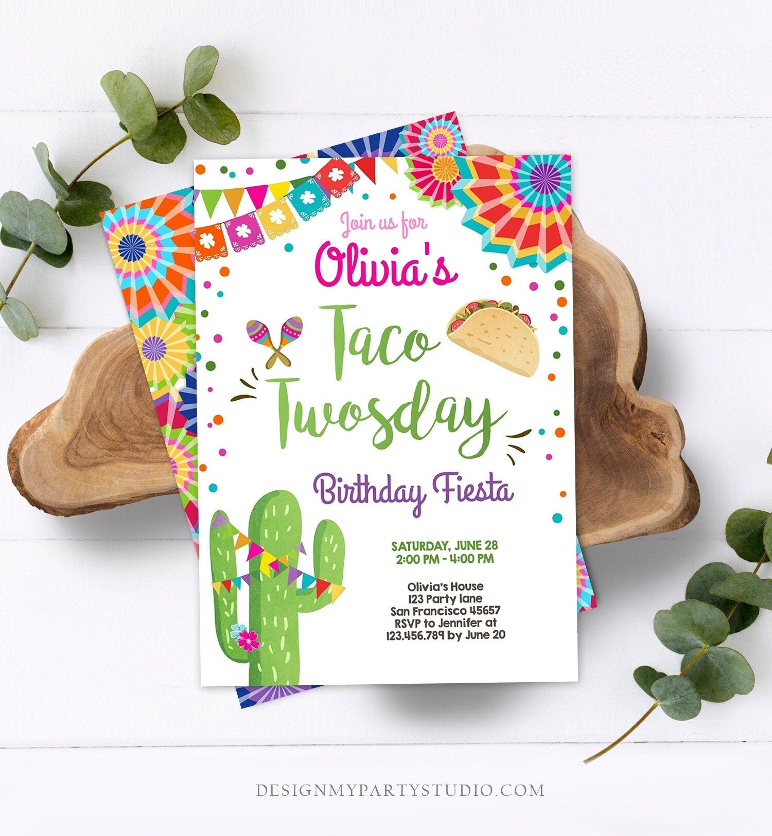 Editable Taco Twosday Invitation Girl Cactus Samba Twosday Second 2nd Birthday Fiesta Digital Download Corjl Template Printable 0045