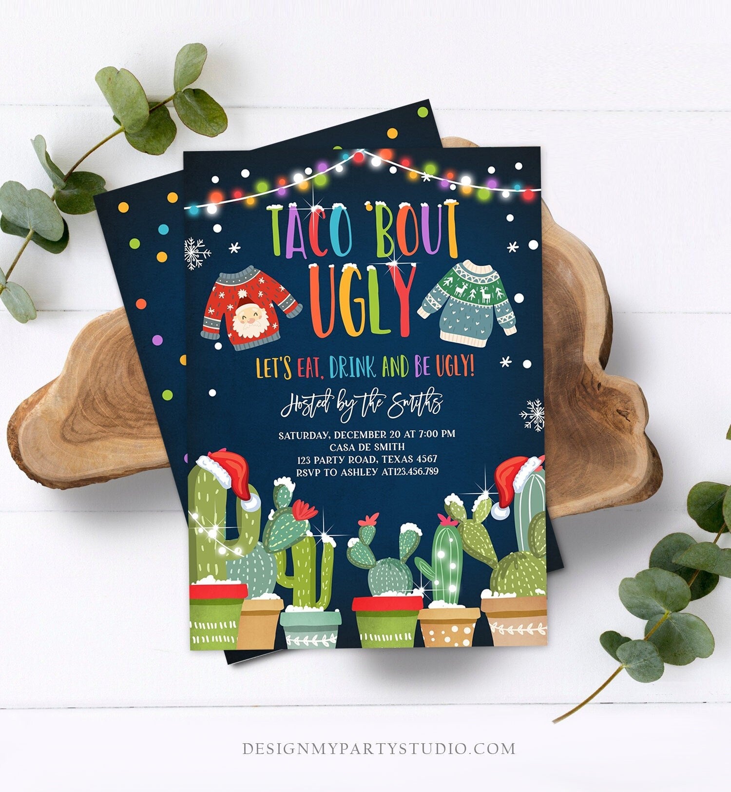 Editable Taco Bout Ugly Sweater Christmas Invitation Fiesta Cactus Mexican Holiday Feliz Navidad Digital Printable Corjl Template 0273