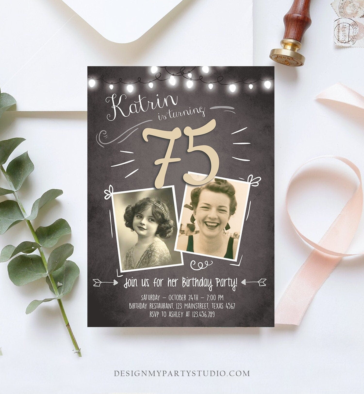 Editable 75th Birthday Invitation ANY AGE Chalkboard Rustic Adult Seventy Fifth Photo Palladium Jubilee Anniversary Corjl Template 0230