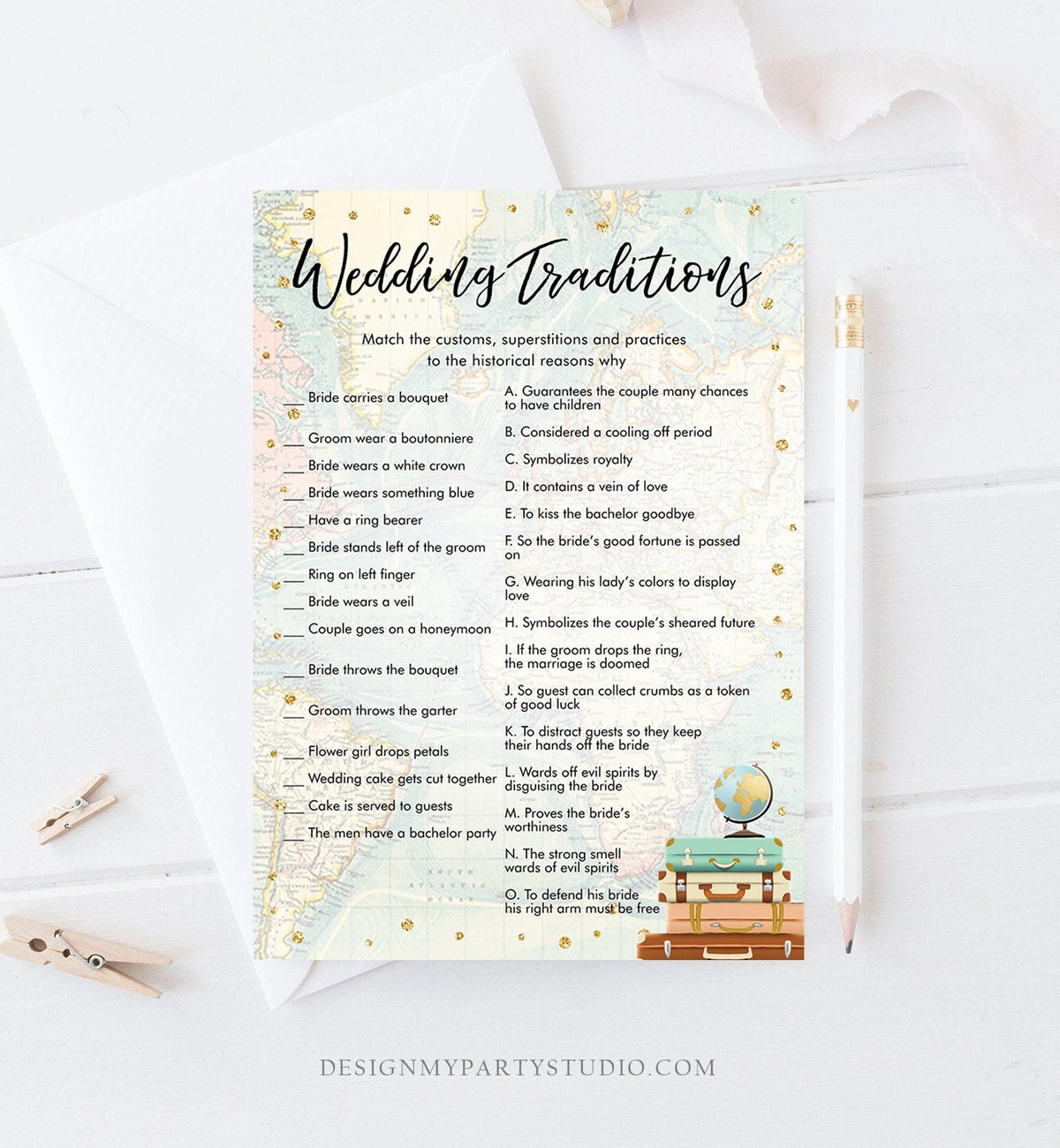 Editable Wedding Traditions Bridal Shower Game Travel Adventure Guessing Game Wedding Shower Activity Game Corjl Template Printable 0263