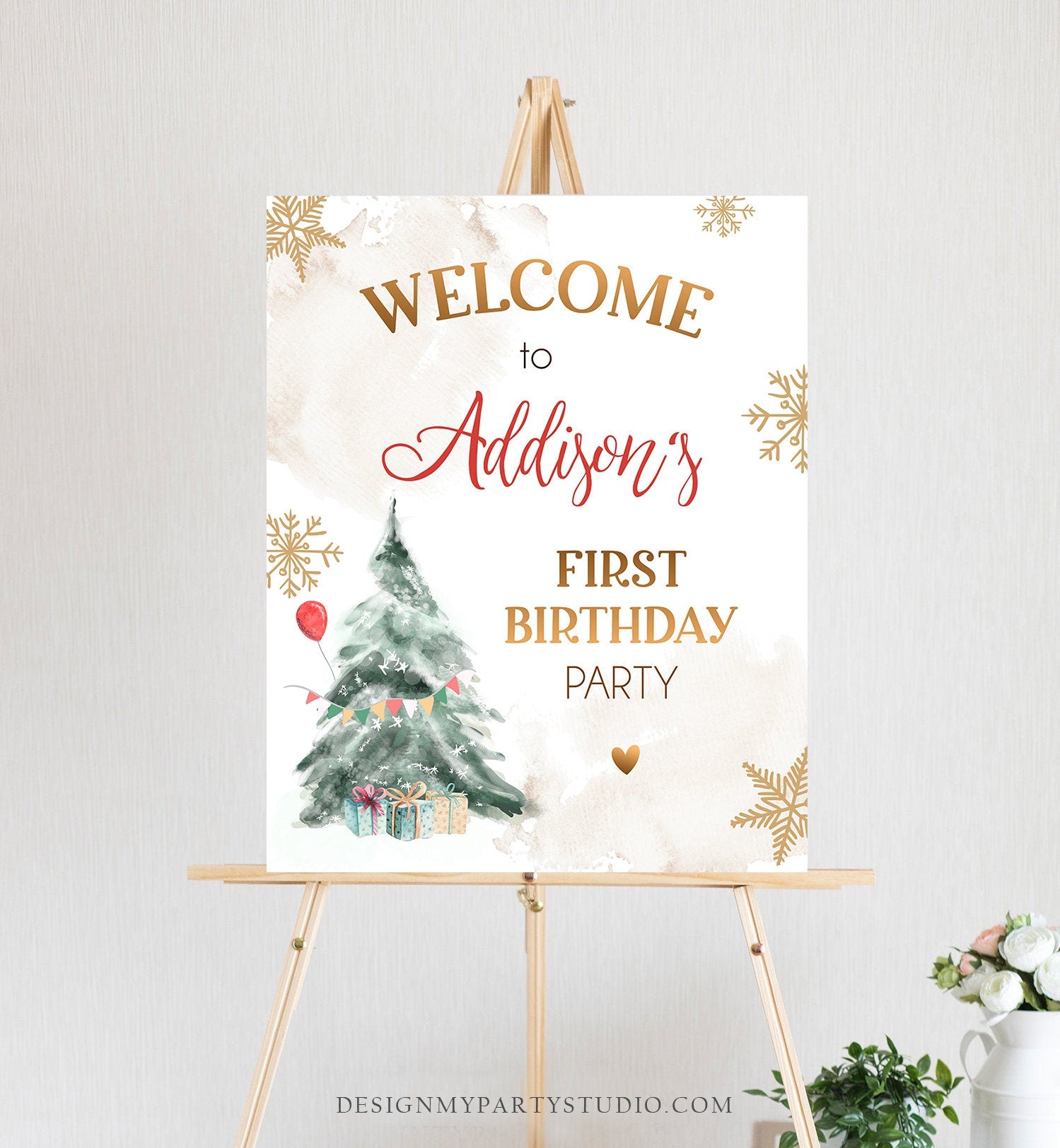 Editable Winter Onederland Welcome Sign Christmas Tree Watercolor First Birthday Neutral Red Gold Snowflake Corjl Template Printable 0363