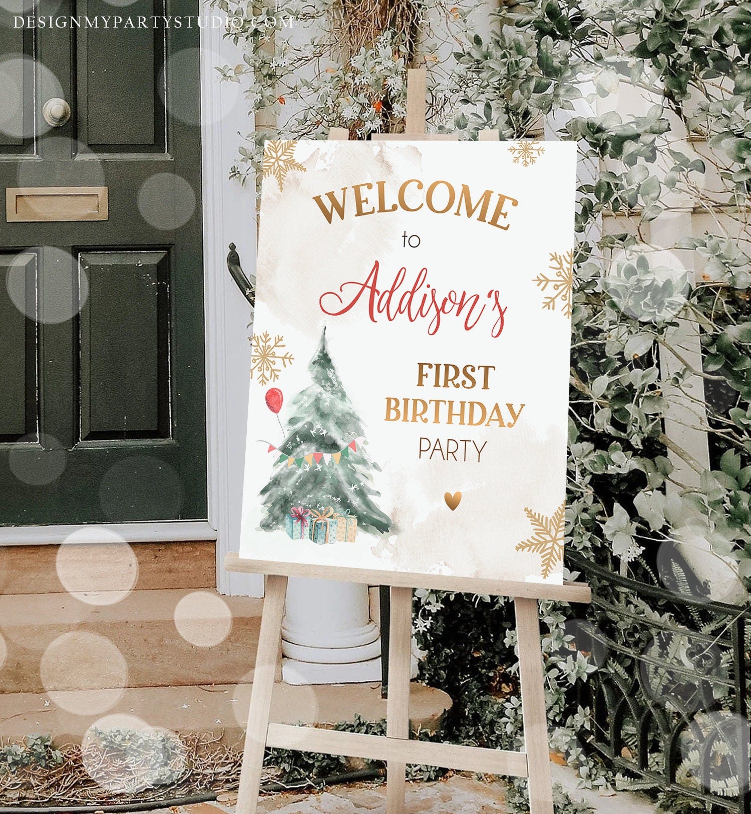 Editable Winter Onederland Welcome Sign Christmas Tree Watercolor First Birthday Neutral Red Gold Snowflake Corjl Template Printable 0363