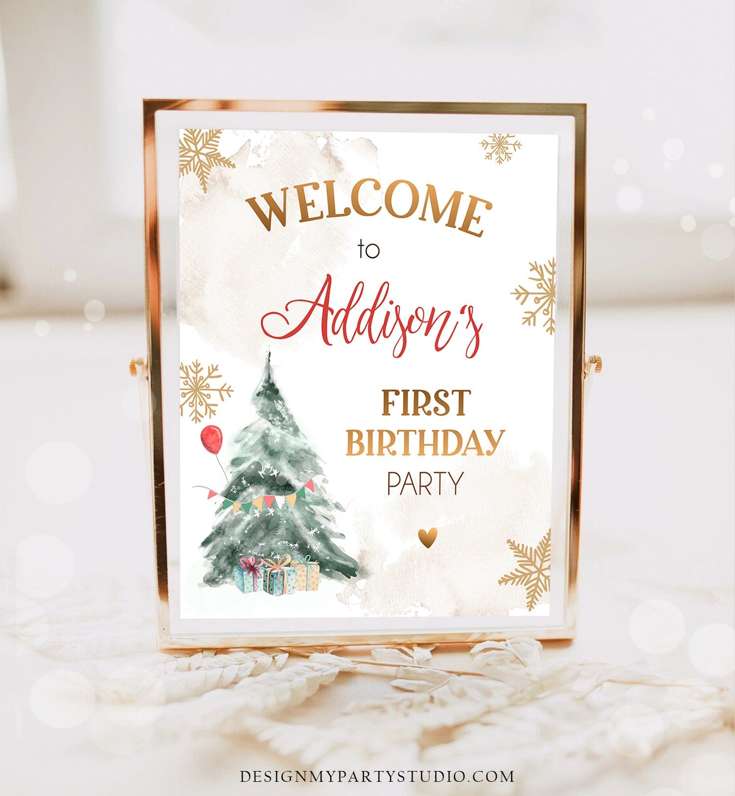 Editable Winter Onederland Welcome Sign Christmas Tree Watercolor First Birthday Neutral Red Gold Snowflake Corjl Template Printable 0363