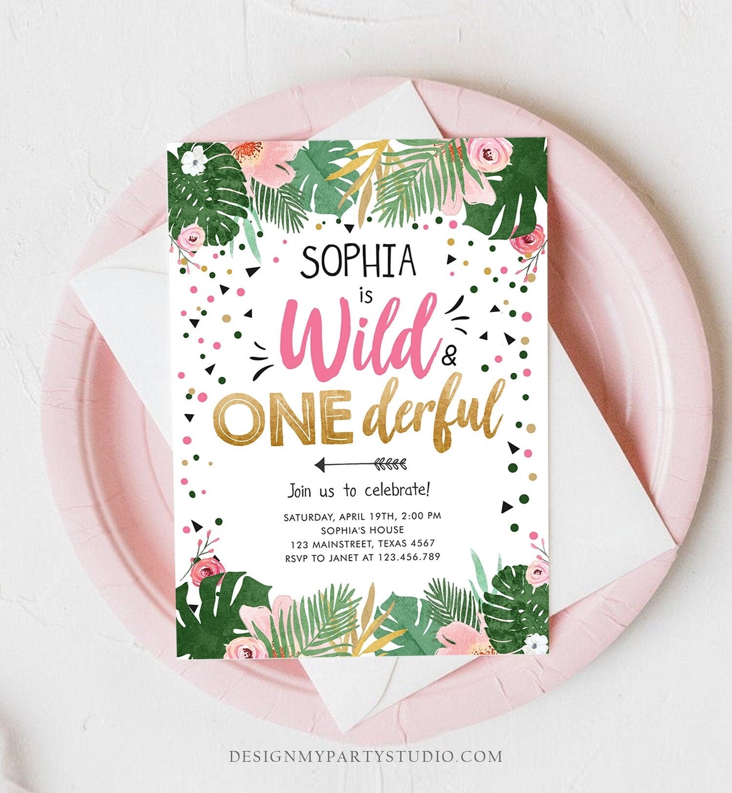 Editable Wild and Onederful Birthday Invitation Girl Wild One Safari Tropical Pink Gold Jungle First Birthday Corjl Template Printable 0332