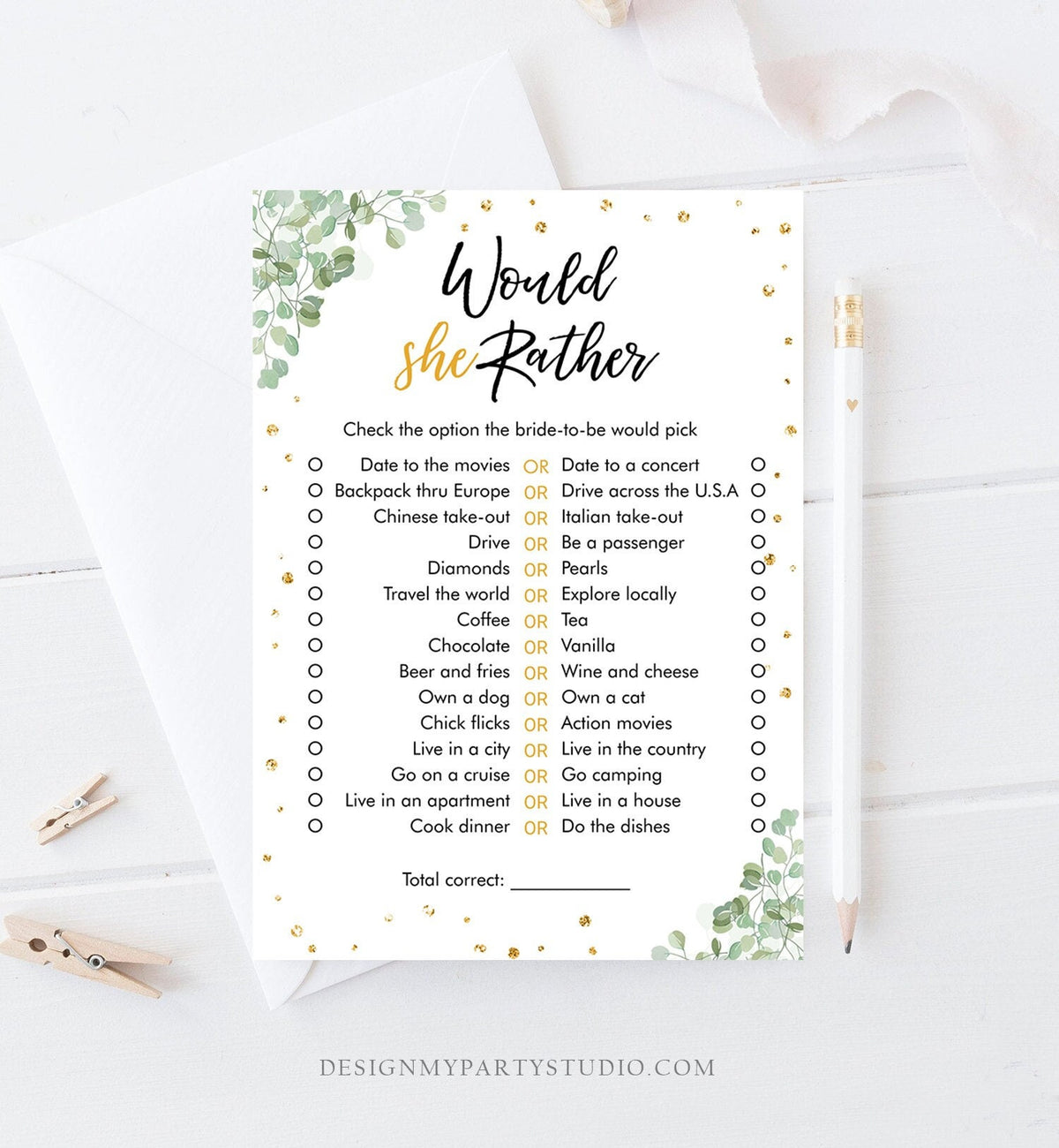 Editable Would She Rather Bridal Shower Game Wedding Shower Activity Eucalyptus Gold Confetti Party Download Template Printable 0030