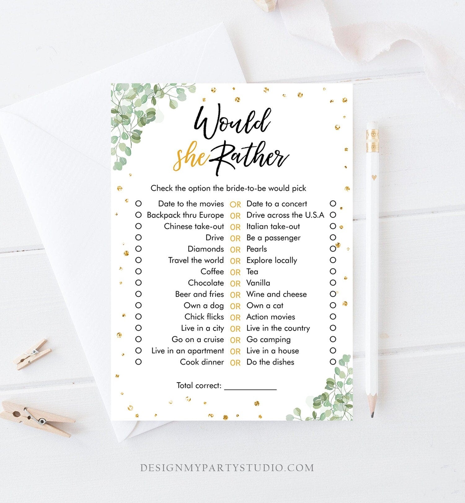 Editable Would She Rather Bridal Shower Game Wedding Shower Activity Eucalyptus Gold Confetti Party Download Template Printable 0030