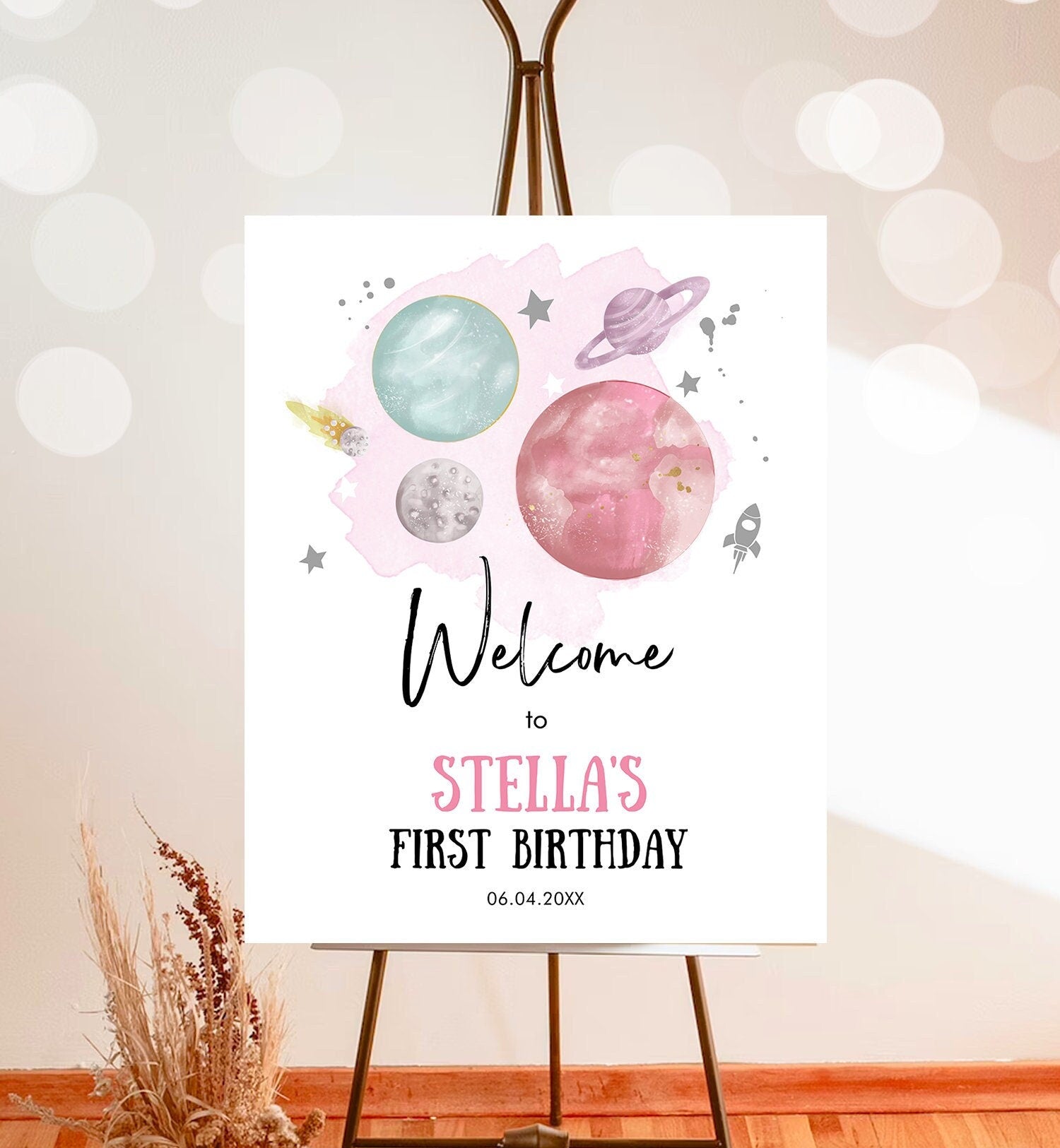 Editable Outer Space Birthday Welcome Sign 1st Birthday Girl Pink Galaxy Planets Trip Around the Sun Silver Digital Template Printable 0357