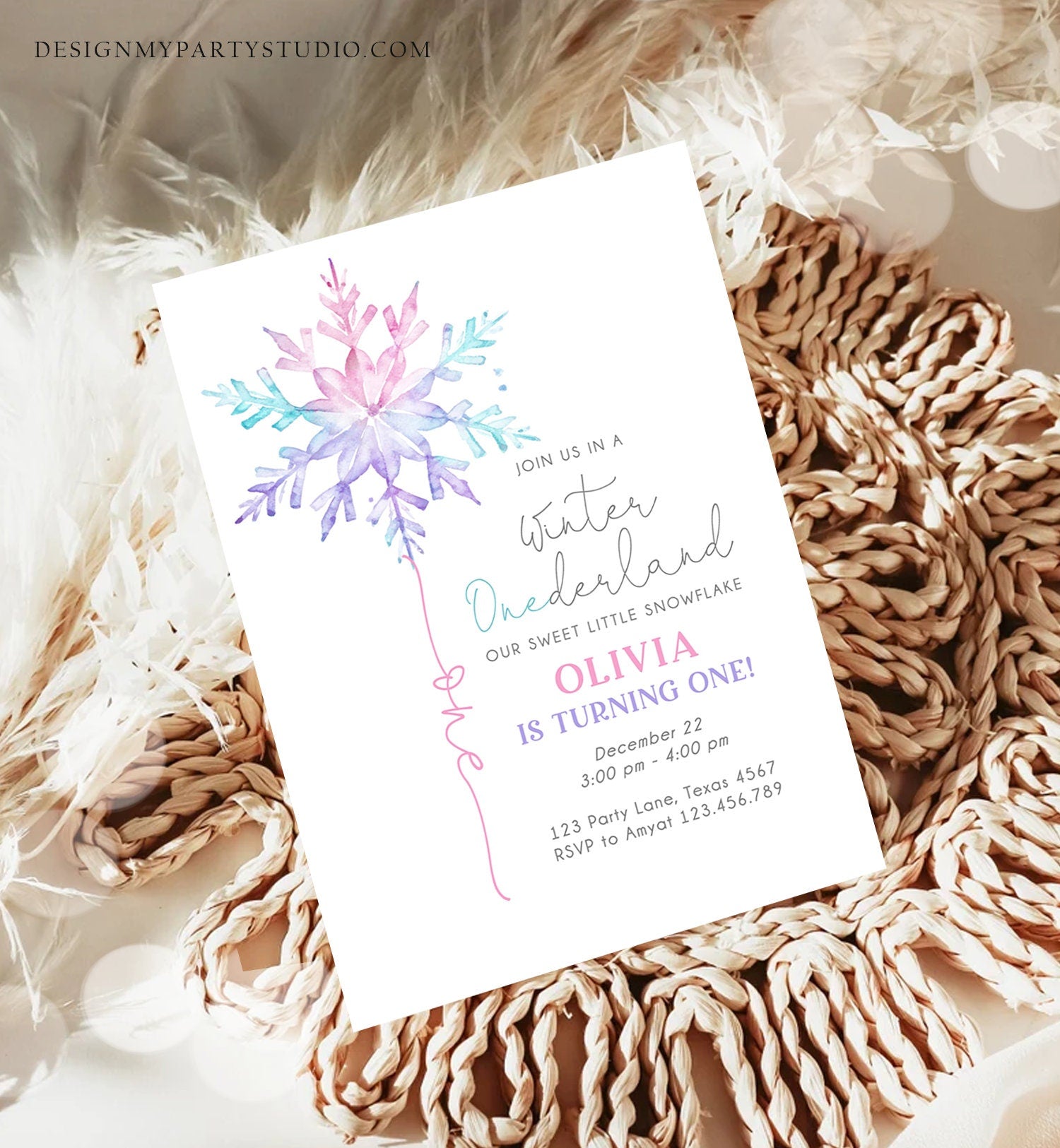 Editable Winter ONEderland Birthday Invitation First Birthday 1st Girl Pink Purple Snowflake Watercolor Minimalist Corjl Template 0494