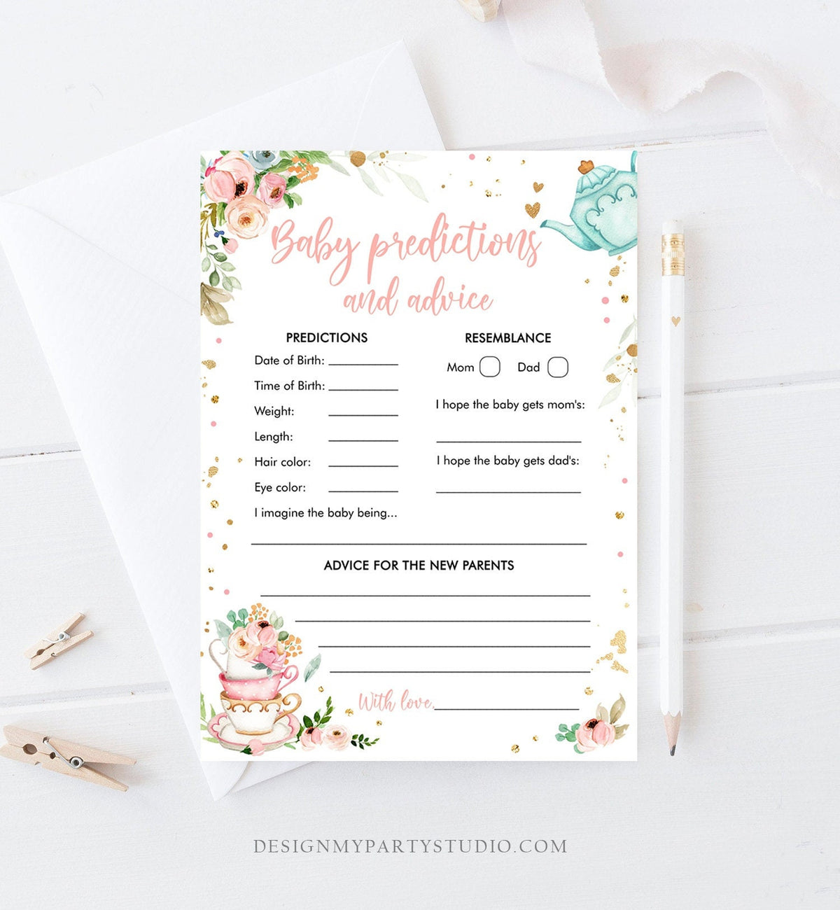 Editable Baby Predictions Baby Shower Game Advice for Parents Tea Party Baby is Brewing Game Shower Activity Corjl Template Printable 0349