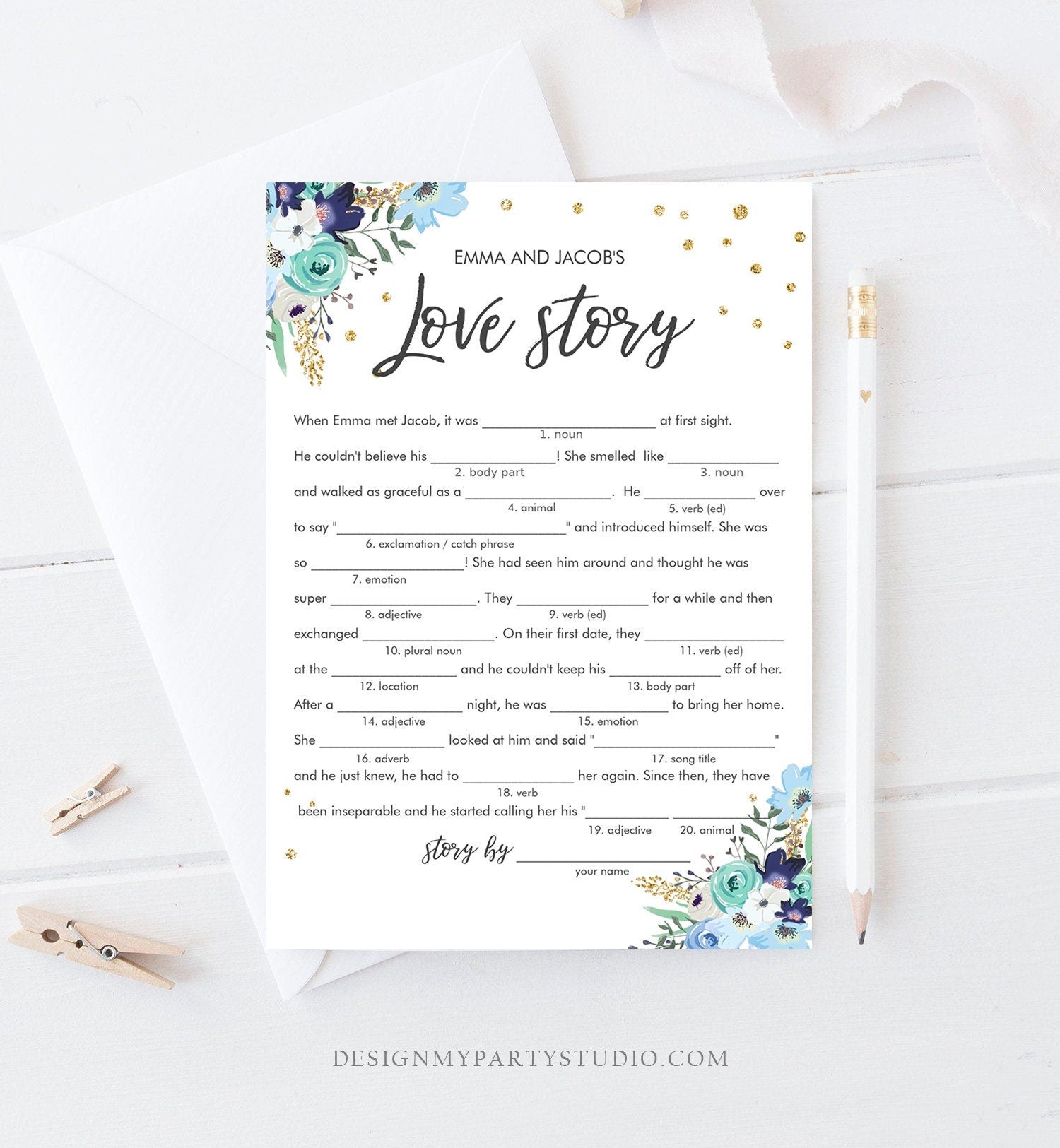 Editable Love Story Bridal Shower Game Funny Blue Floral Gold Confetti Shower Activity Wedding Foliage Download Corjl Template 0030