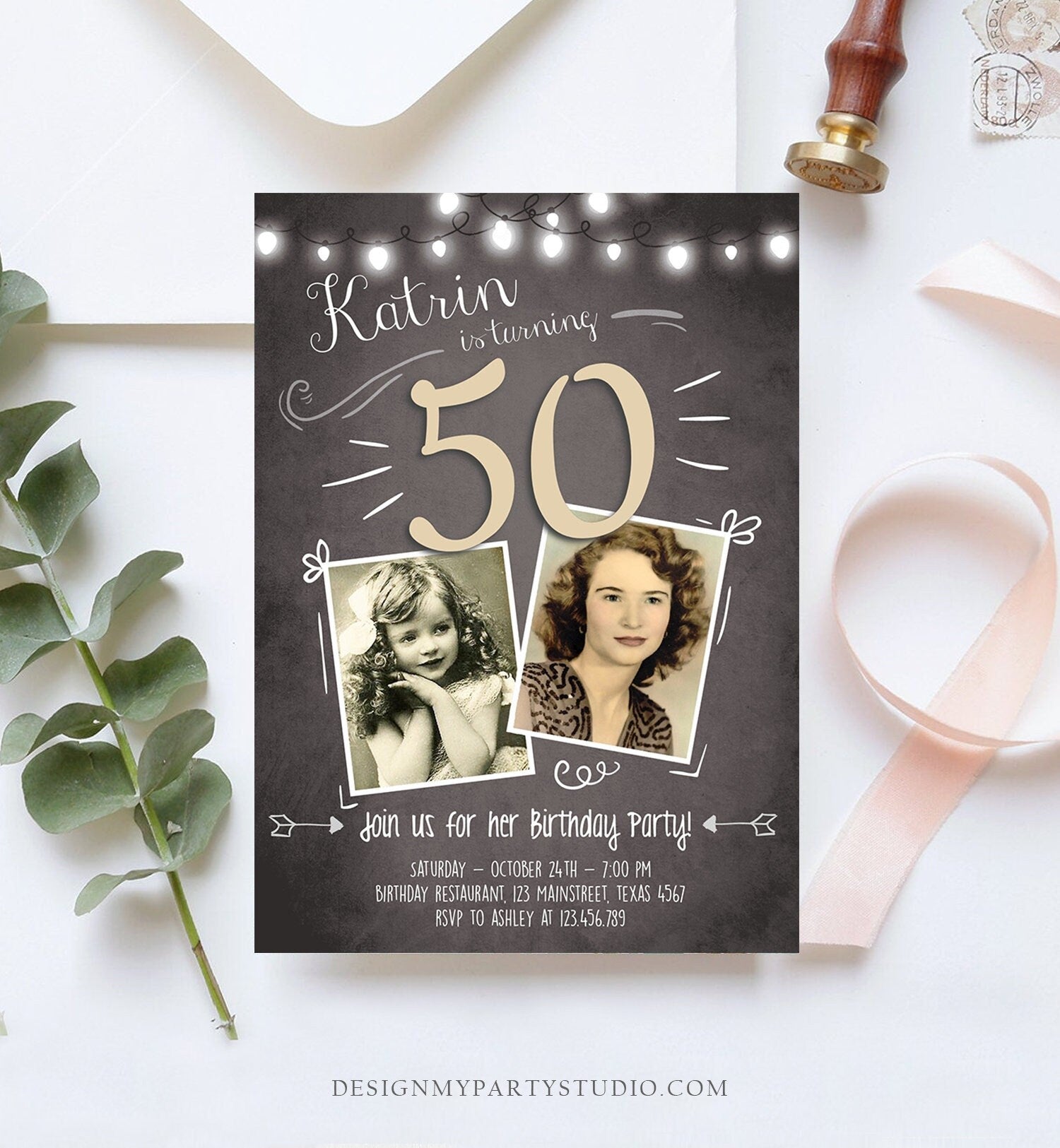 Editable 50th Birthday Invitation ANY AGE Chalkboard Rustic Adult Fifty Photo Vintage Golden Jubilee Anniversary Corjl Template 0230