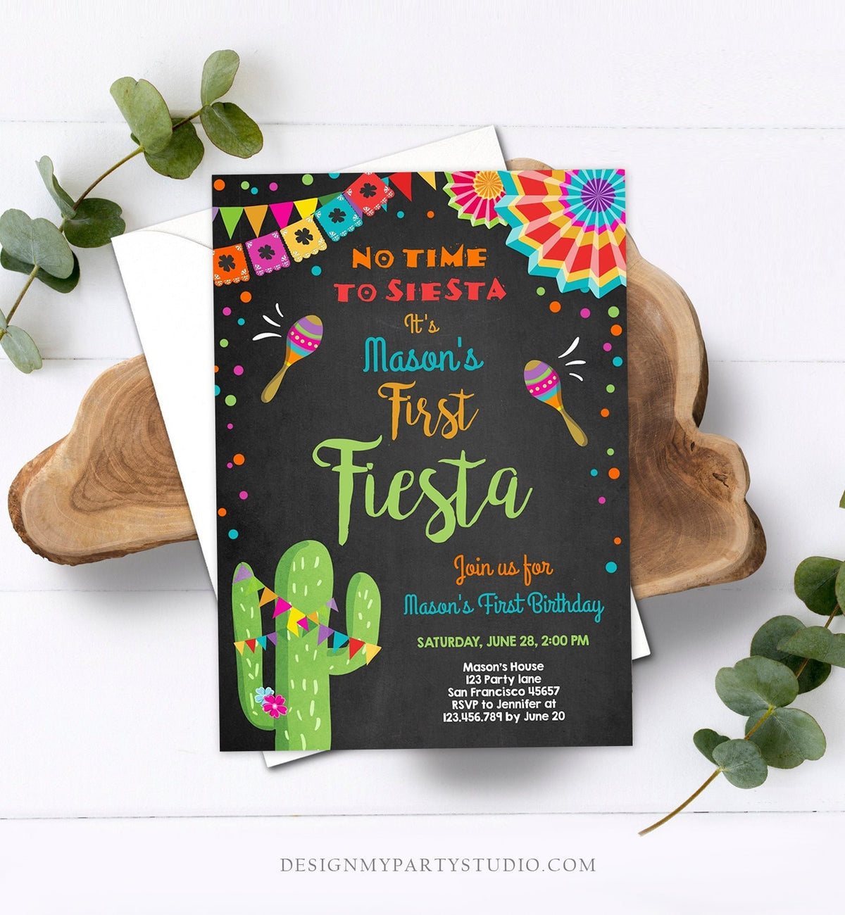 Editable First Fiesta Birthday Invitation Let&amp;#39;s Fiesta No Time To Siesta Cactus Mexican Boy Samba Download Corjl Template Printable 0045