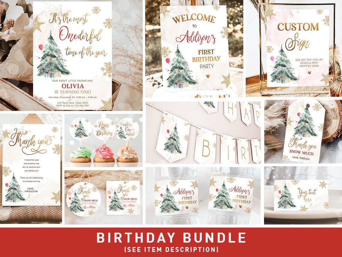 Winter ONEderland Birthday Bundle Christmas Neutral Red Gold 1st First Birthday Tree Snowflakes Watercolor Printable Evite Template 0363