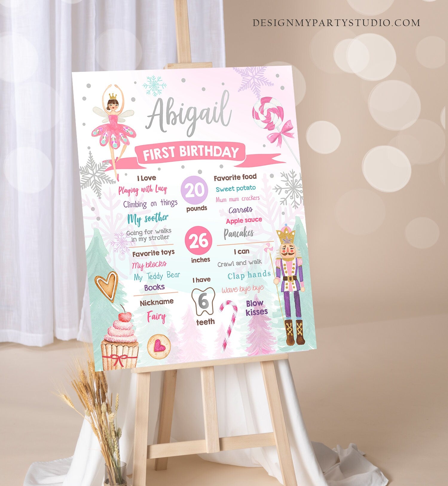 Editable Nutcracker Birthday Milestones Sign Girl First Birthday 1st Land of Sweets Silver Milestone Board Corjl Template Printable 0352