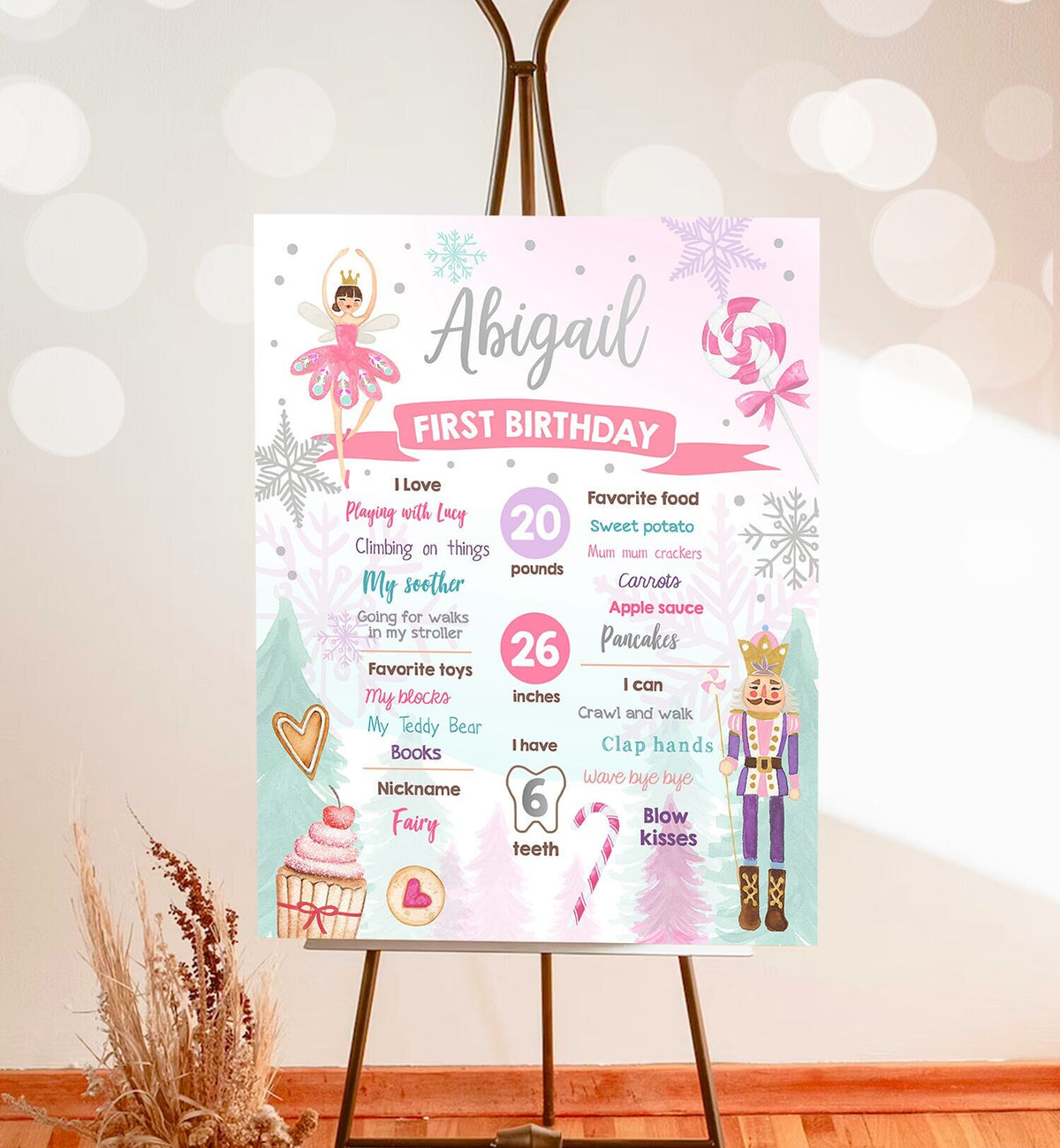 Editable Nutcracker Birthday Milestones Sign Girl First Birthday 1st Land of Sweets Silver Milestone Board Corjl Template Printable 0352