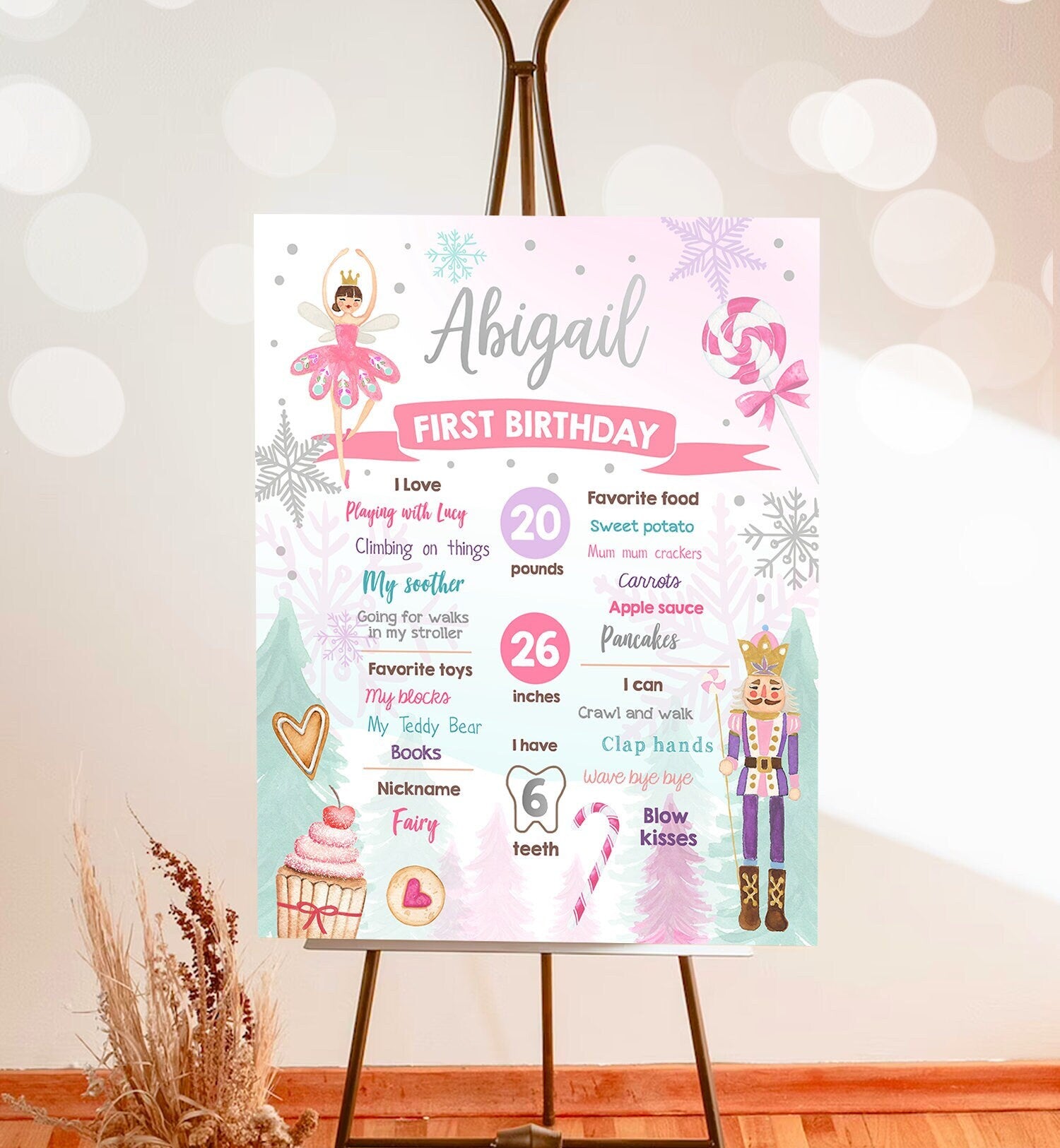 Editable Nutcracker Birthday Milestones Sign Girl First Birthday 1st Land of Sweets Silver Milestone Board Corjl Template Printable 0352