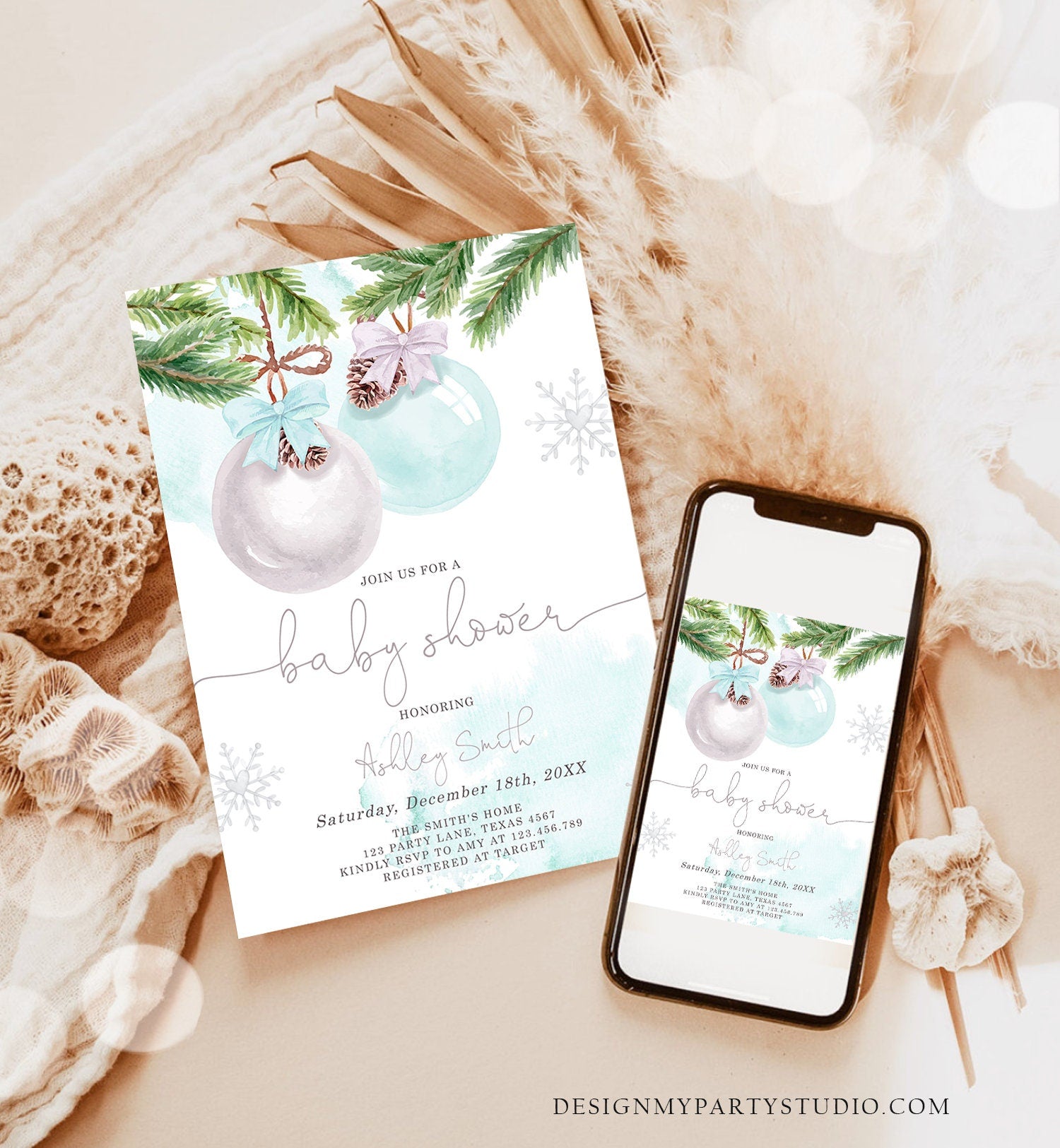 Editable Winter Baby Shower Invitation Baby It's Cold Outside Christmas Baby Shower Boy Blue Watercolor Template Download Corjl 0490