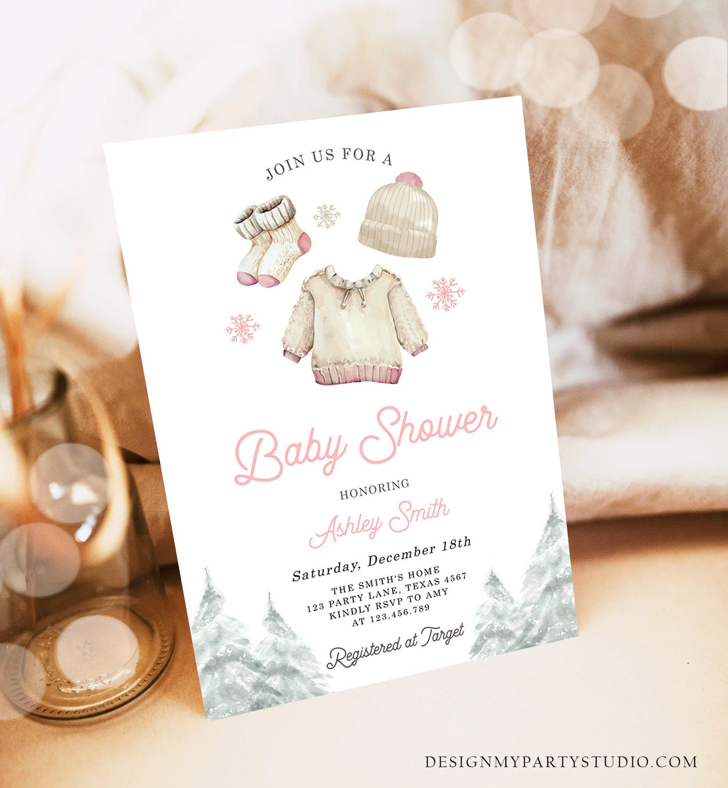 Editable Winter Baby Shower Girl Baby It's Cold Outside Invitation Christmas Pink Baby Clothes Watercolor Template Download Corjl 0491