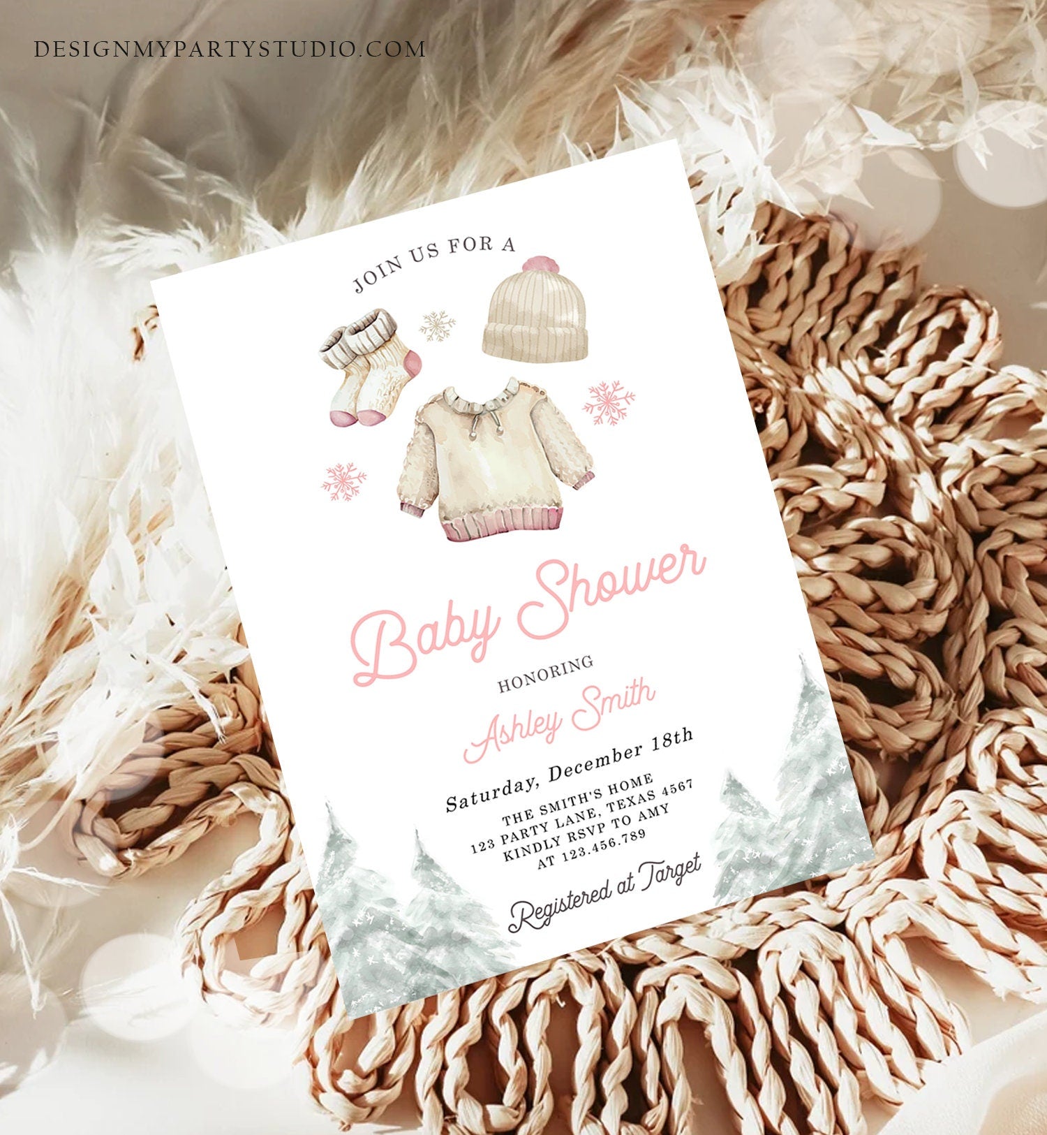 Editable Winter Baby Shower Girl Baby It's Cold Outside Invitation Christmas Pink Baby Clothes Watercolor Template Download Corjl 0491