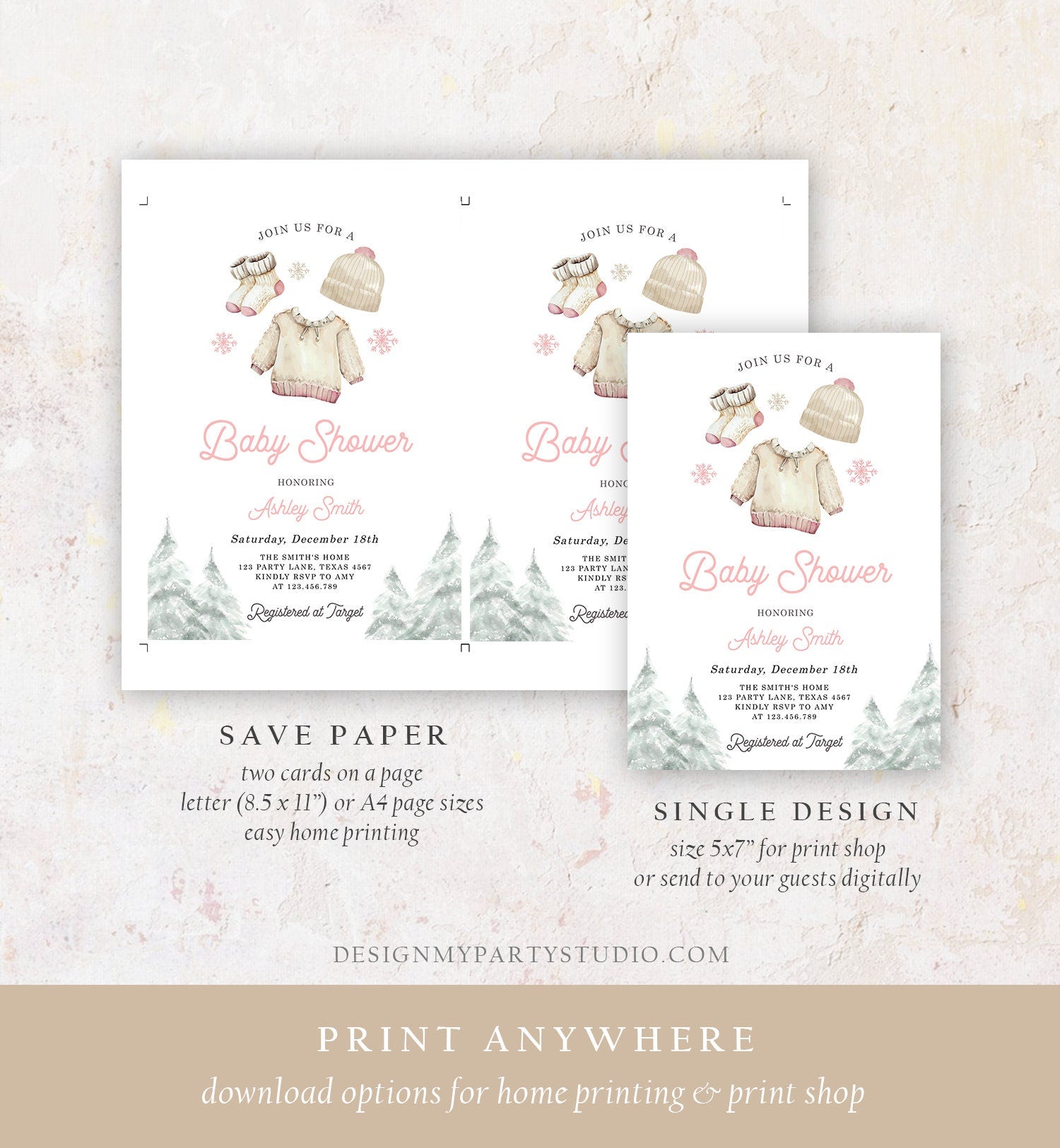 Editable Winter Baby Shower Girl Baby It's Cold Outside Invitation Christmas Pink Baby Clothes Watercolor Template Download Corjl 0491