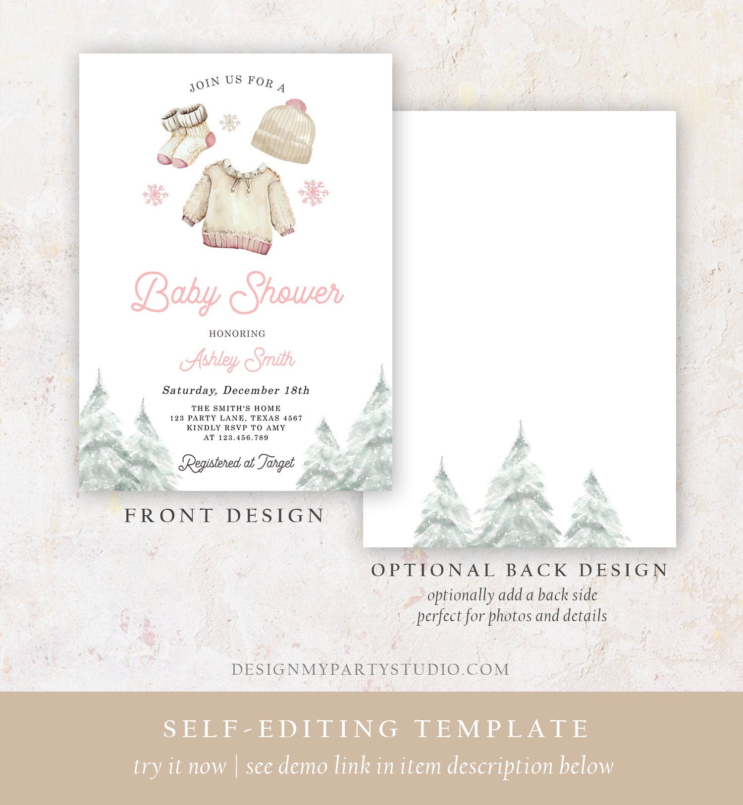 Editable Winter Baby Shower Girl Baby It's Cold Outside Invitation Christmas Pink Baby Clothes Watercolor Template Download Corjl 0491