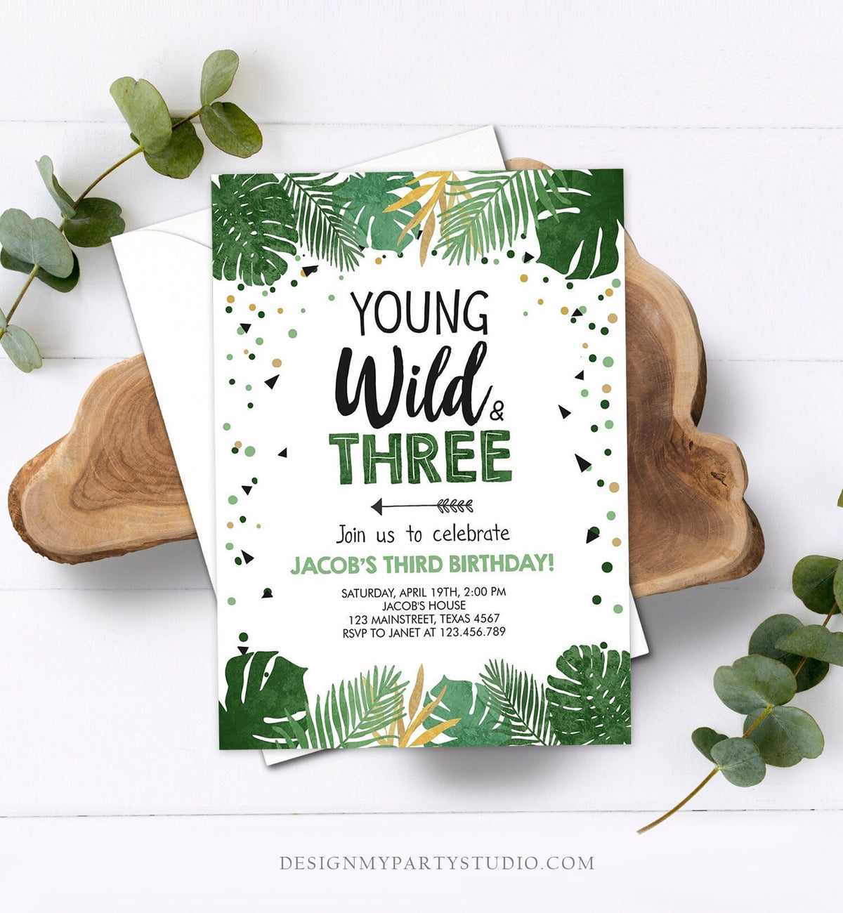 Editable Young Wild and Three Birthday Invitation Safari Tropical Party 3rd Third Birthday Boy Gold Download Printable Corjl Template 0332