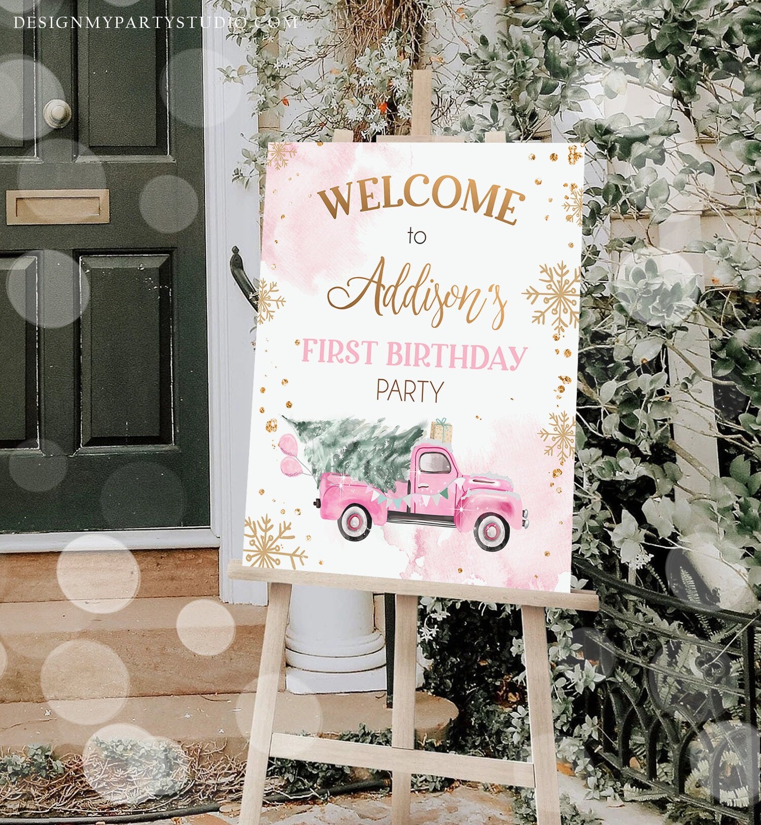 Editable Winter Truck Welcome Sign Onederland Pink Truck Watercolor Girl First Birthday Snowflake Wonderland Corjl Template Printable 0495