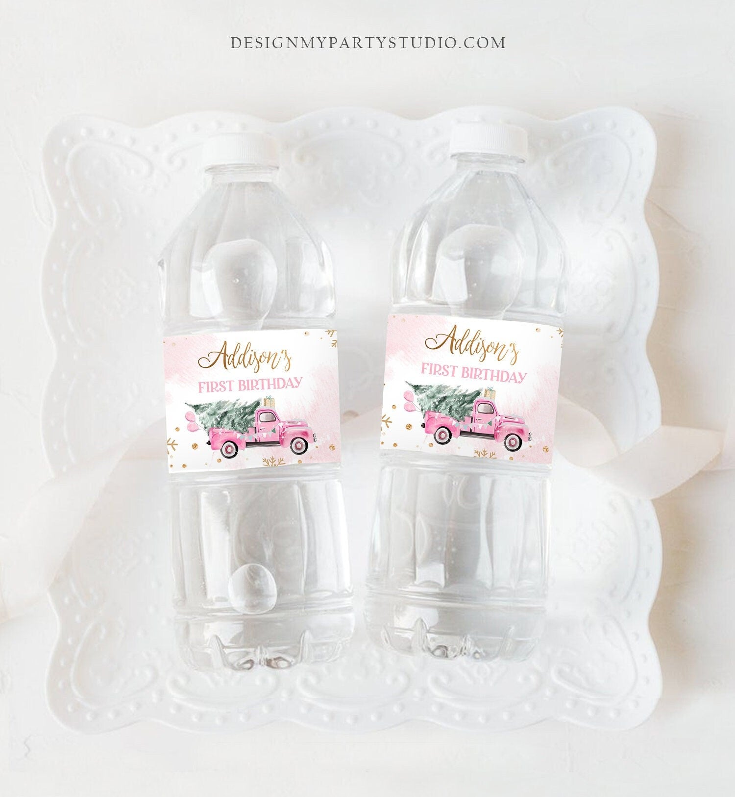 Editable Winter Truck Water Bottle Labels Winter Onederland Party Decor Girl First 1st Birthday Pink Truck Christmas Printable Template 0495