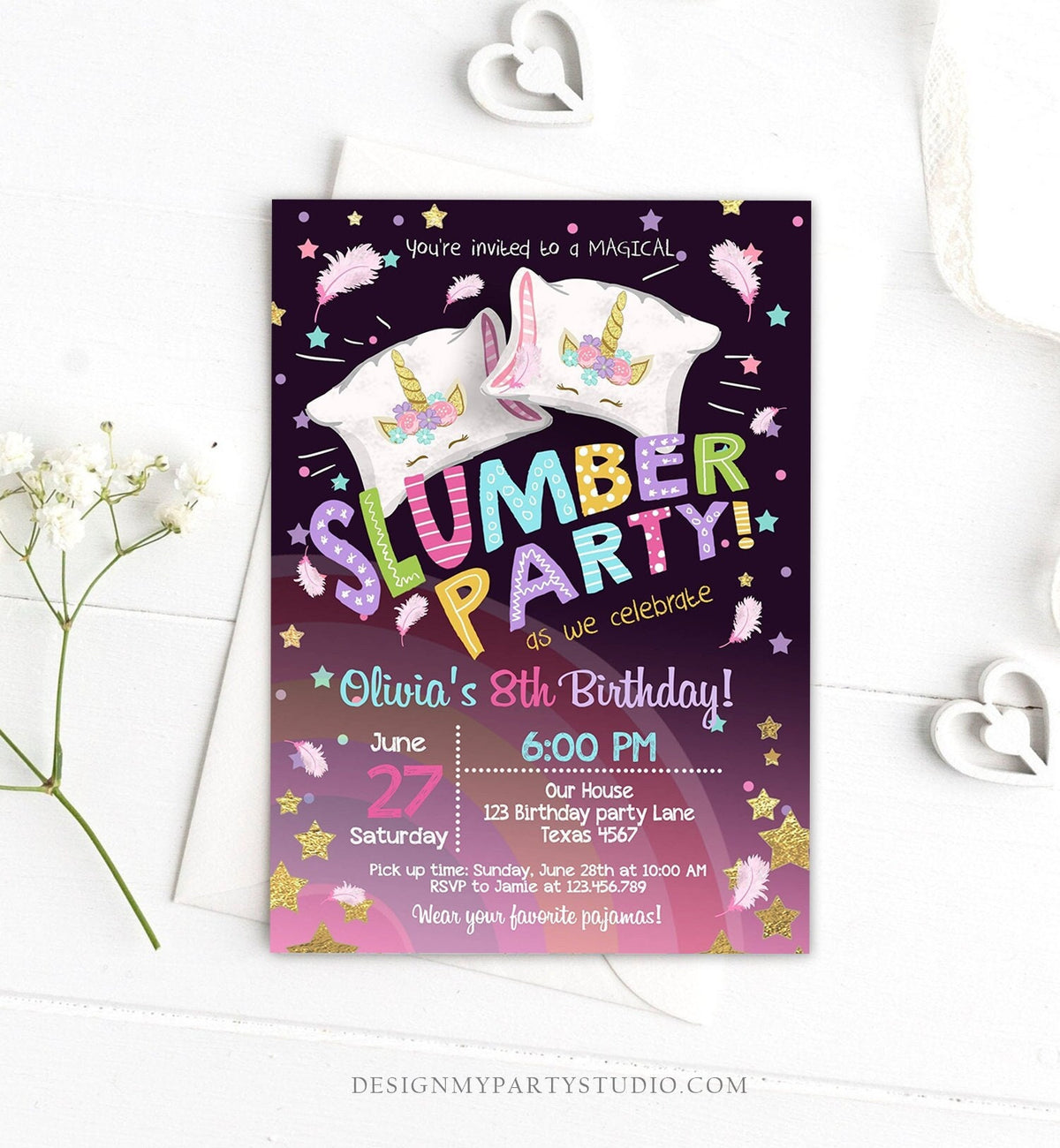 Editable Unicorn Slumber Party Birthday Invitation Sleepover Pyjamas Girl Pink Gold Rainbow Gold Download Printable Corjl Template 0328