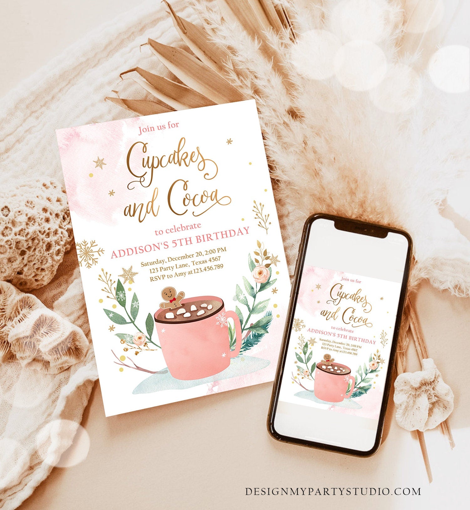 Editable Cupcakes and Cocoa Invitation Hot Cocoa Party Hot Chocolate Christmas Birthday Girl Pink Gold Printable Template Corjl 0353