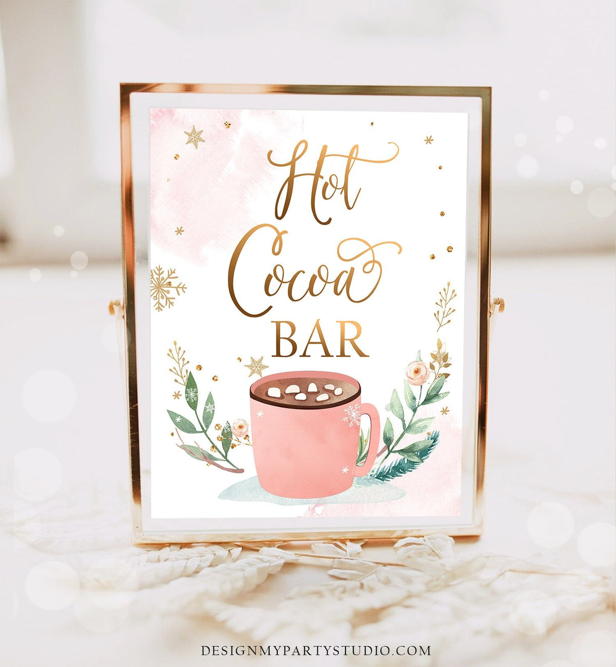 Hot Cocoa Bar Sign Hot Chocolate Bar Printable Table Sign Sleigh Birthday Winter Onederland Party Decor Pink Gold Digital Printable 0353