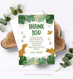 Editable Dinosaur Thank You Card Birthday Boy Black Green Gold Dino Party T-Rex Photo Digital Download Corjl Template Printable 0146