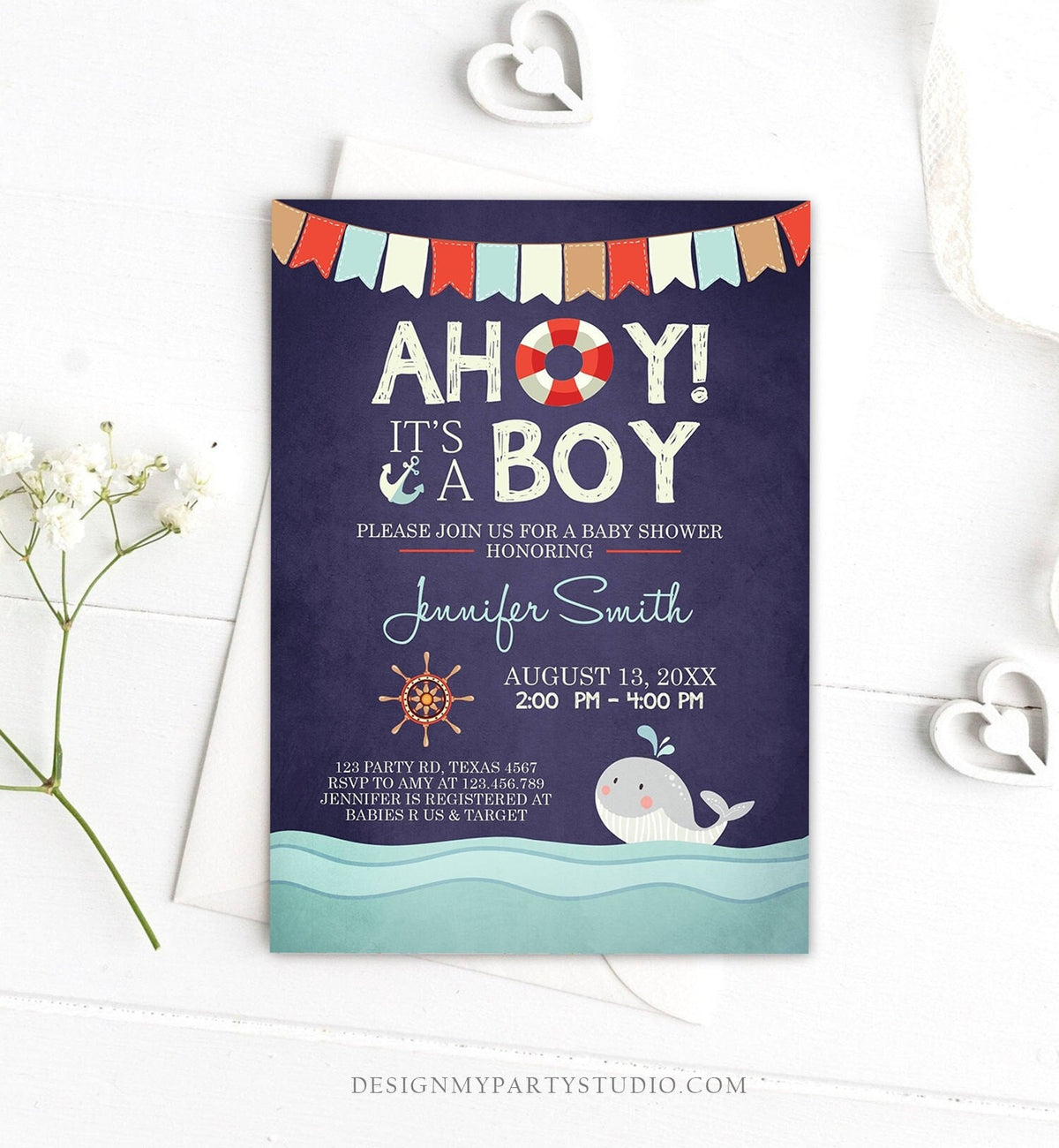 Editable Nautical Baby Shower Invitation Ahoy Its A Boy invite It&amp;#39;s A Boy Whale Ocean Red Navy Blue Digital Corjl Template Printable 0018