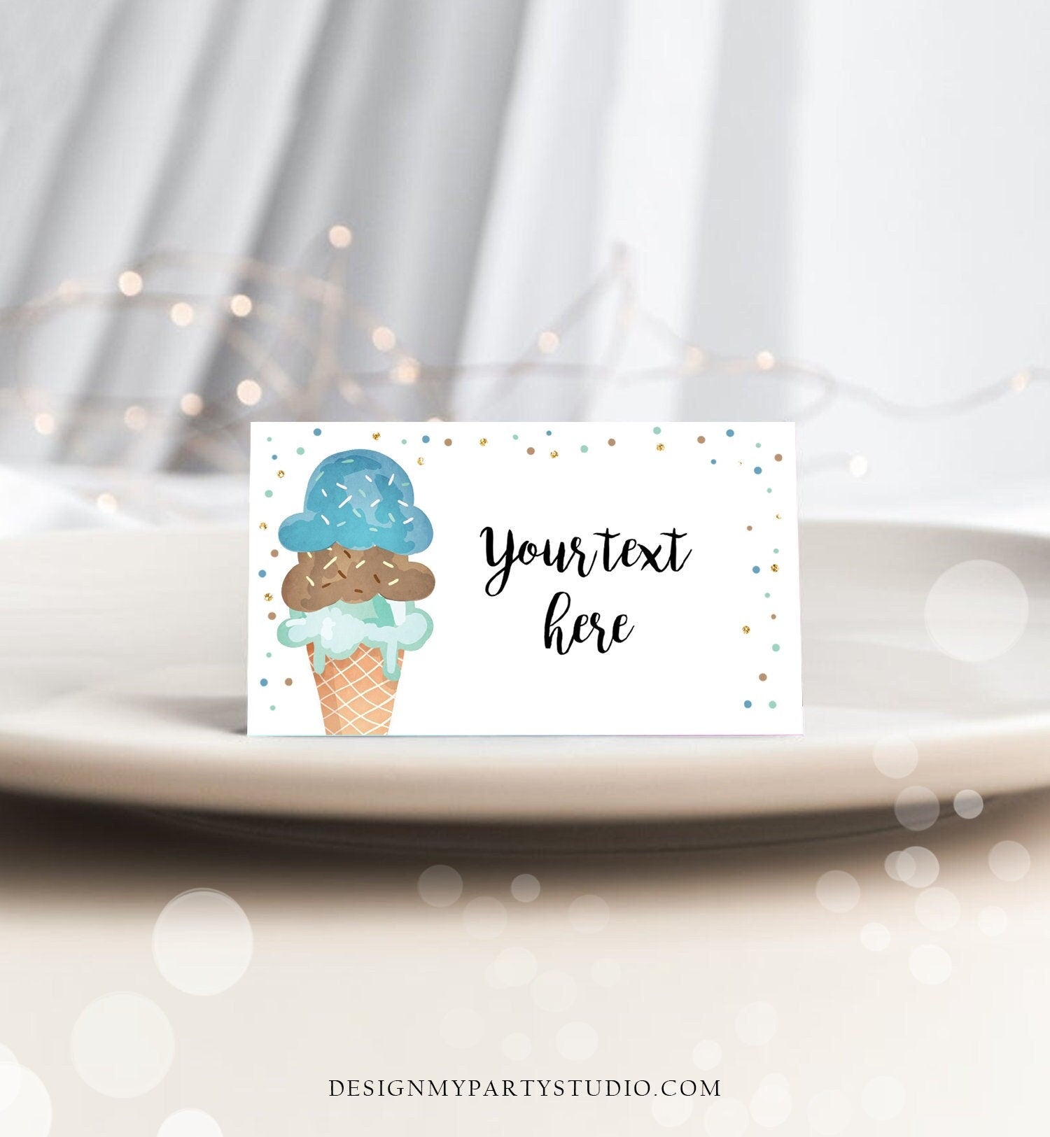 Editable Ice Cream Food Labels Ice Cream Birthday Food Cards Tent Card Boy Blue Brown Gold Scoop Buffet Label Tent Card Template Corjl 0243