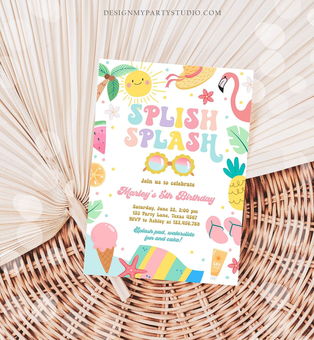 Editable Splish Splash Birthday Invitation Pool Party Girl Summer Waterslide Water Party Pink Download Printable Invite Template Evite 0465