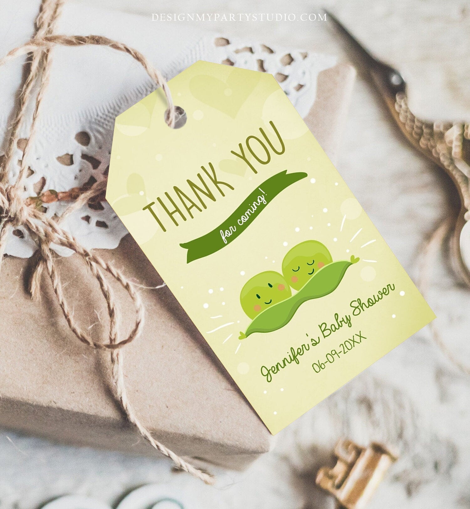 Editable Twin Baby Shower Two Peas in a Pod Gift Tag Favor Tag Green Gender neutral Twins Shower Label Sprinkle Tags Template Corjl 0020