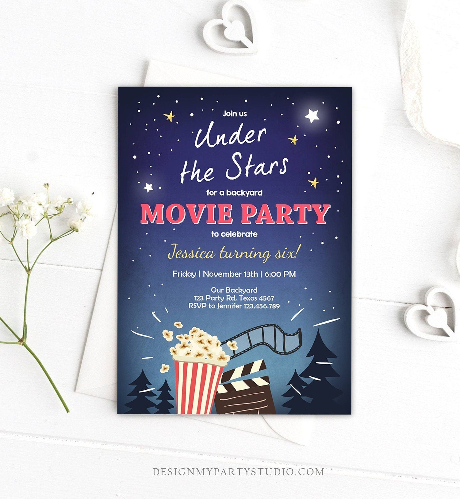 Editable Movie Night Invitation Under the Stars Outdoor Backyard Movie Party Popcorn Birthday Download Corjl Template Printable 0177