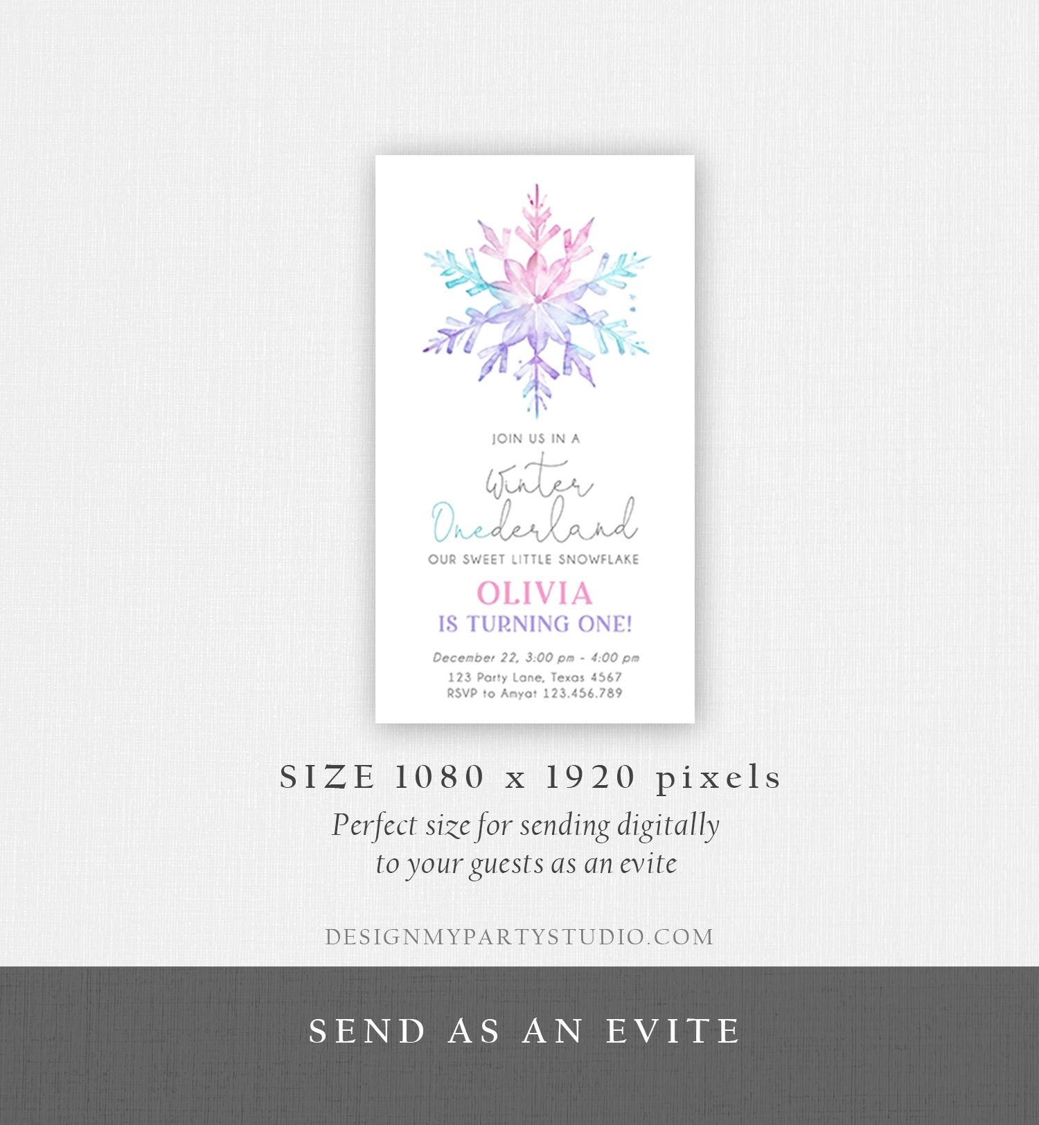 Editable Winter ONEderland Birthday Invite First Birthday 1st Girl Pink Purple Snowflake Watercolor Minimalist Corjl Phone Template 0494