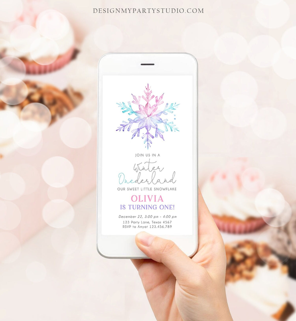 Editable Winter ONEderland Birthday Invite First Birthday 1st Girl Pink Purple Snowflake Watercolor Minimalist Corjl Phone Template 0494