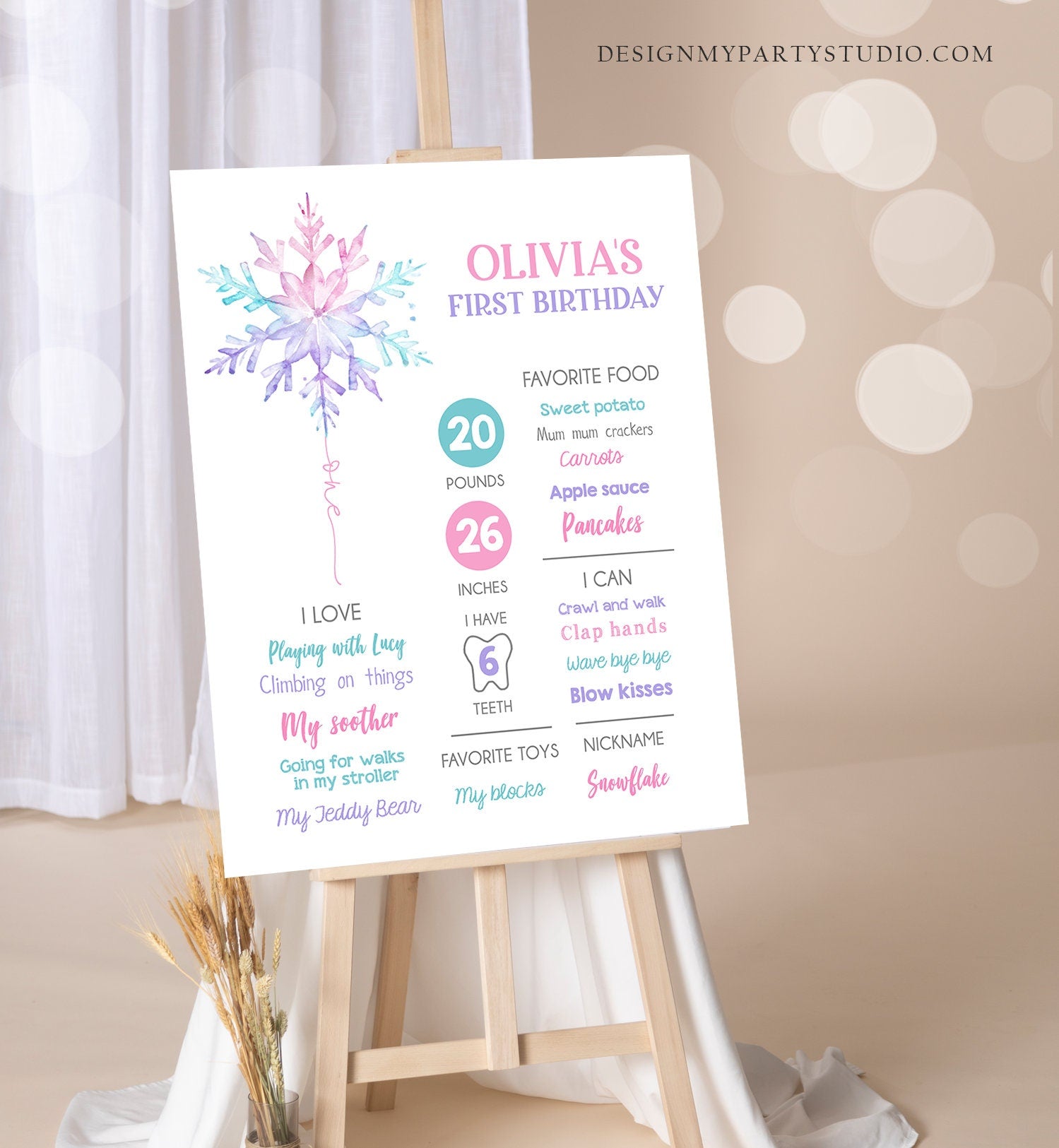 Editable Winter Birthday Milestones Sign Winter Onederland Watercolor Snowflake First Birthday Girl 1st Pink Corjl Template Printable 0494